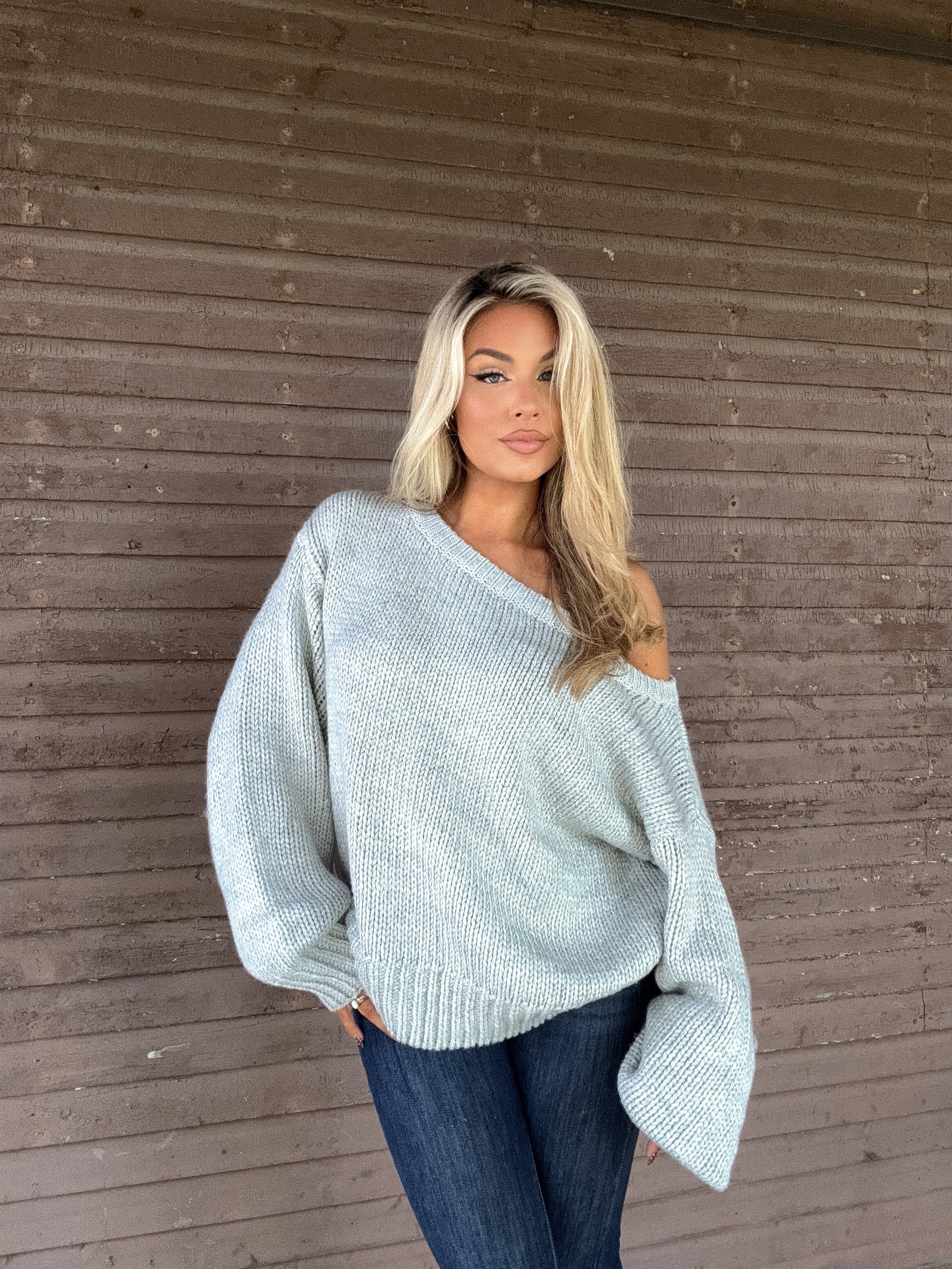 AMERICAN GIRL OFF THE SHOULDER KNIT SWEATER GREY