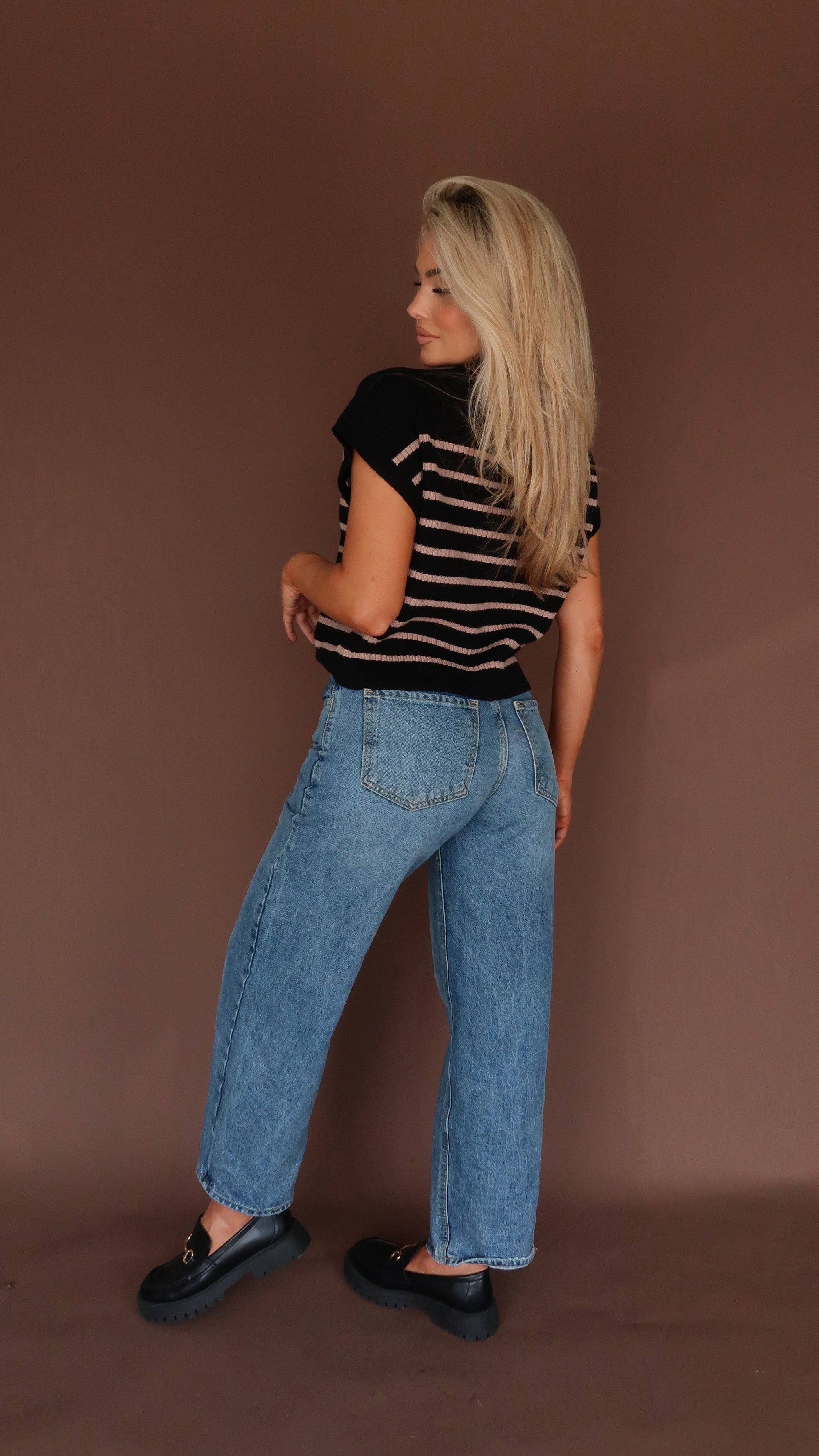 BELLIE STRIPED MOCK NECK SWEATER TOP BLACK