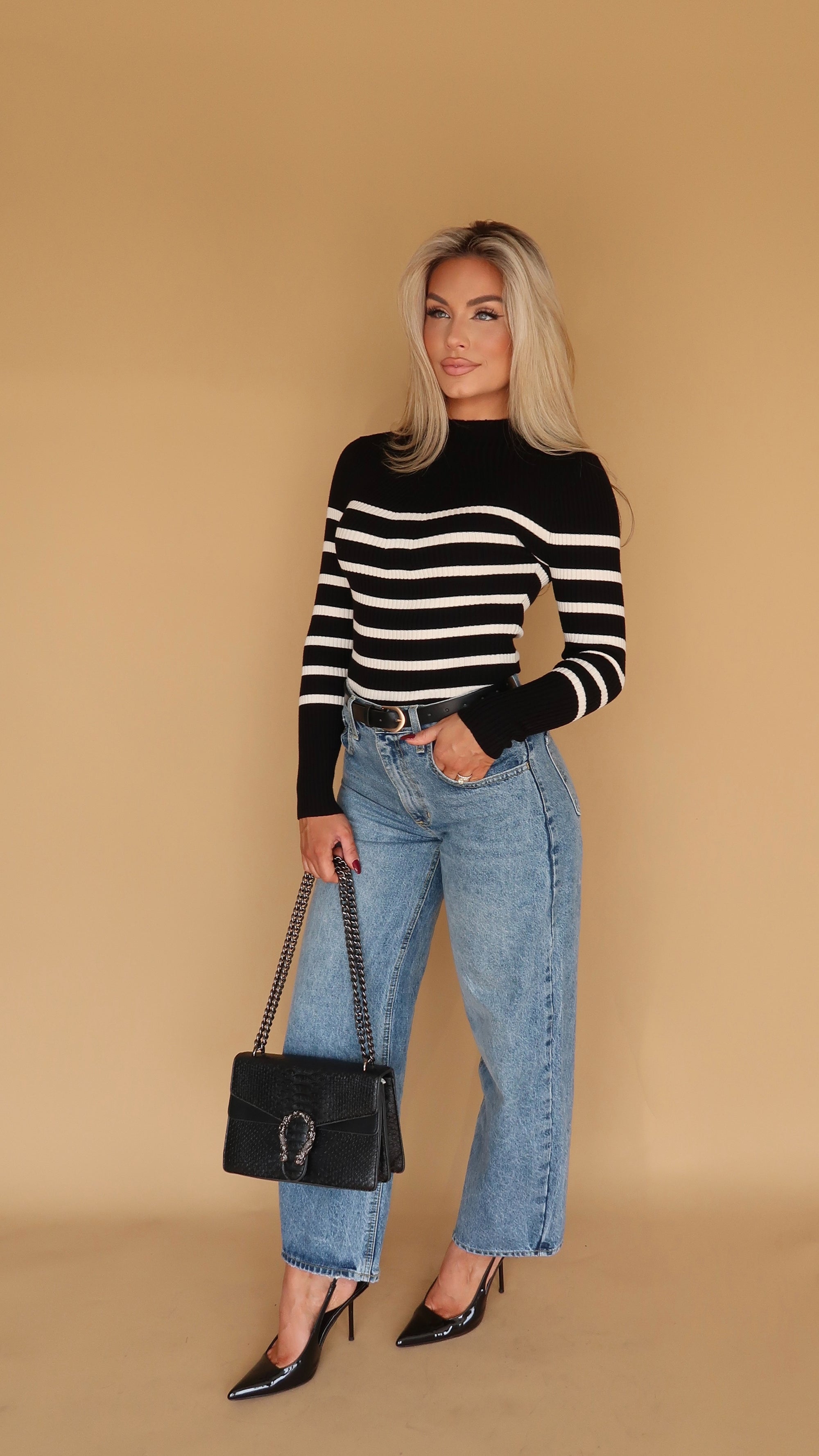 CORE STRIPED MOCK NECK SWEATER TOP BLACK/WHITE