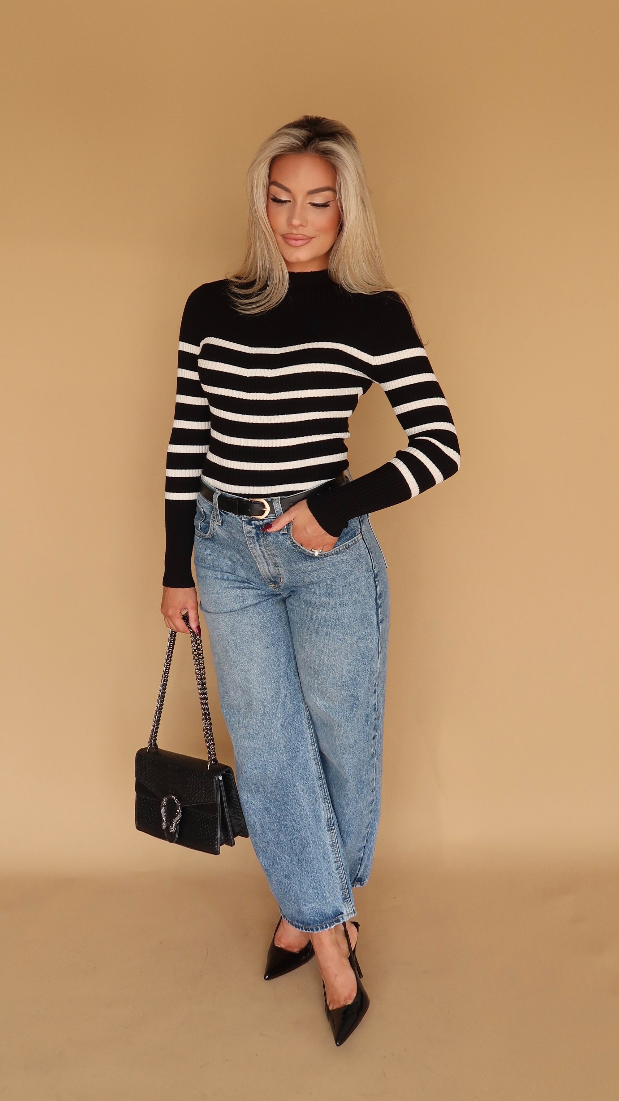CORE STRIPED MOCK NECK SWEATER TOP BLACK/WHITE