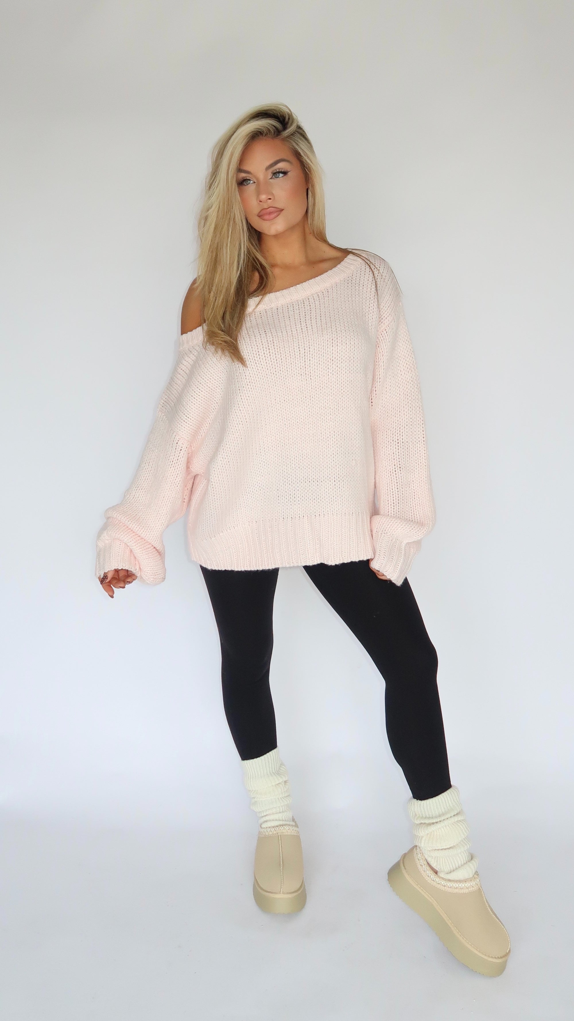 AMERICAN GIRL OFF THE SHOULDER KNIT SWEATER SOFT PINK