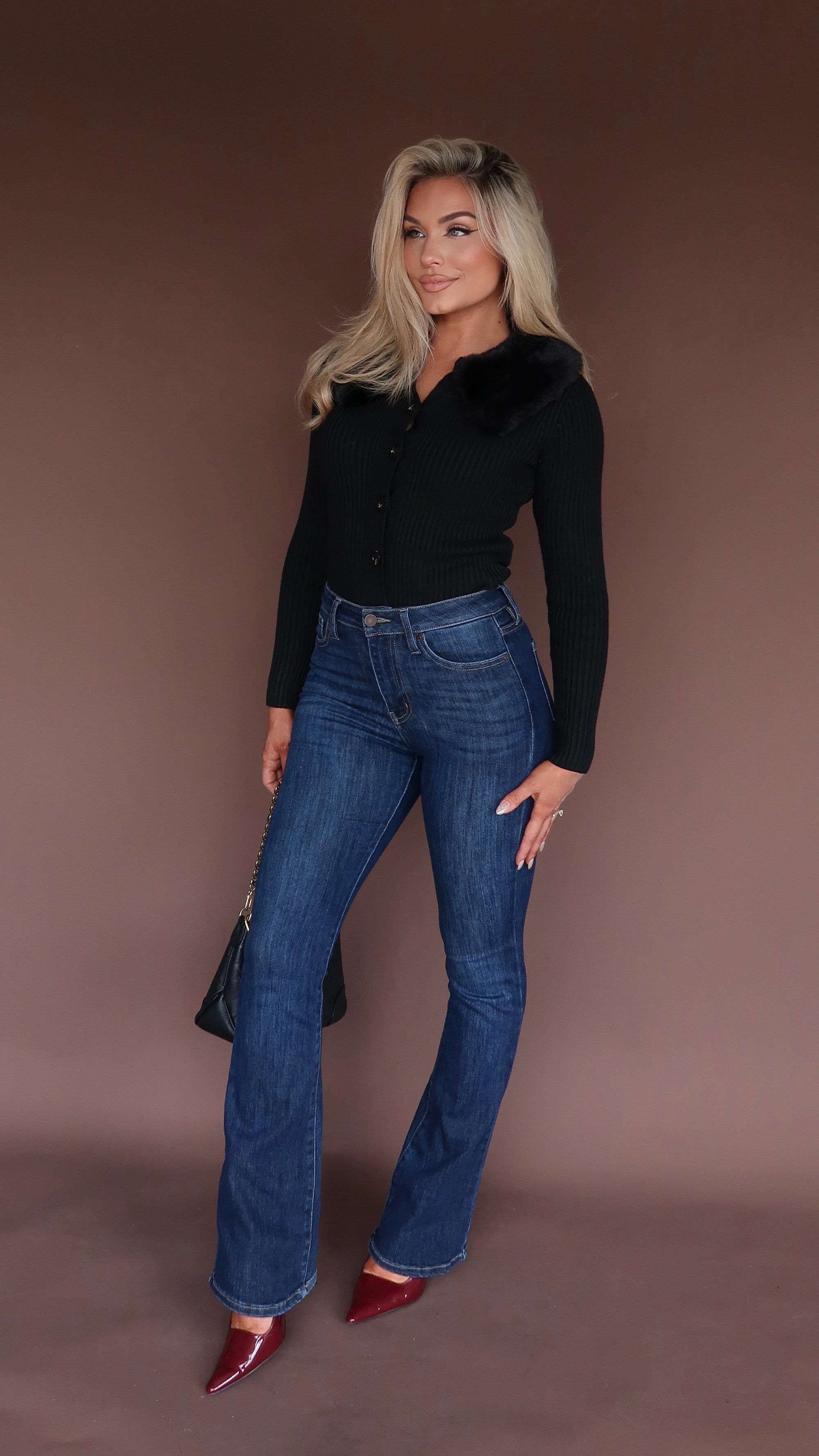 BOMBSHELL FUR TRIM CARDIGAN BLACK