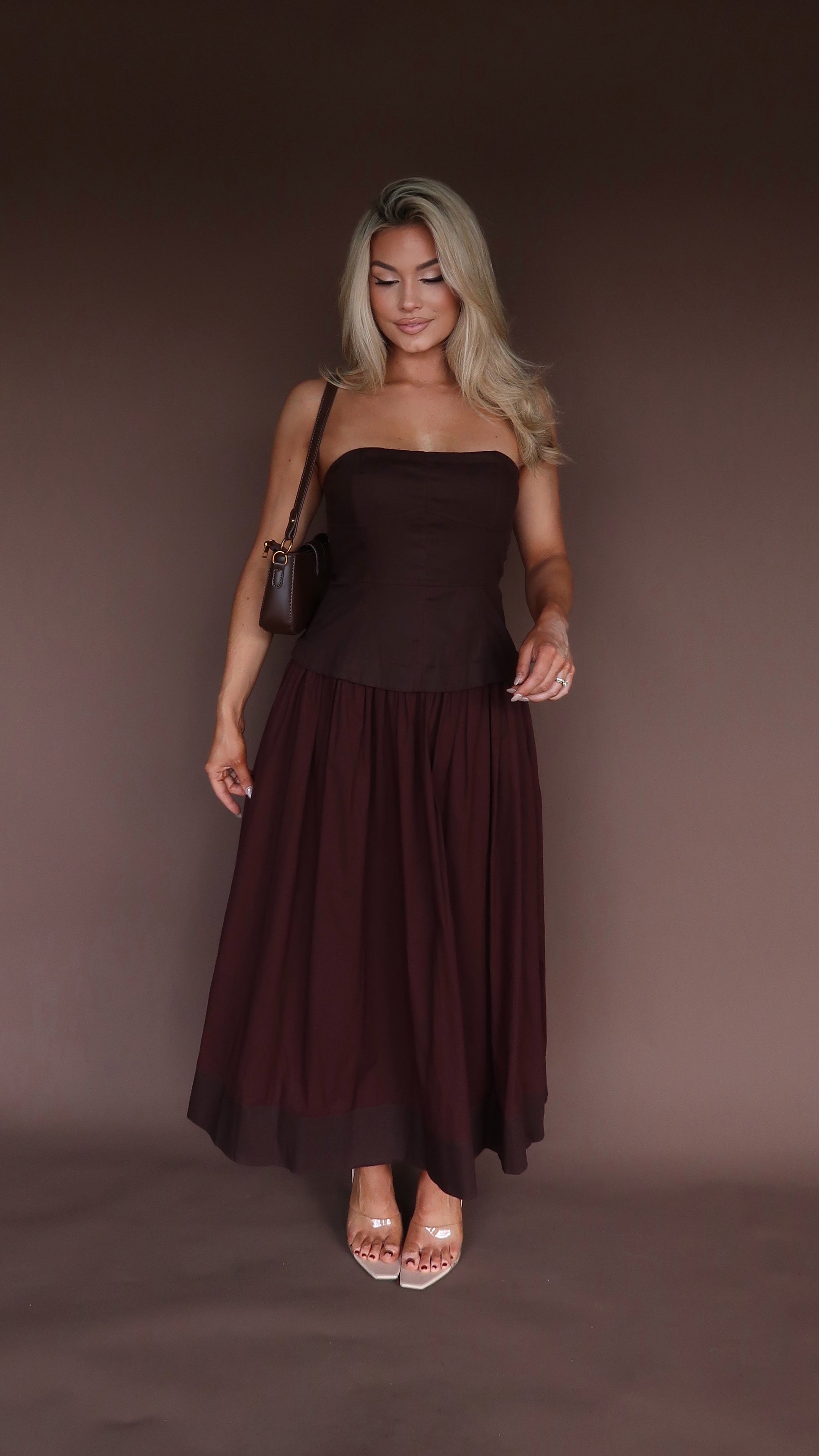 ELARA STRAPLESS MIDI DRESS CHOCOLATE