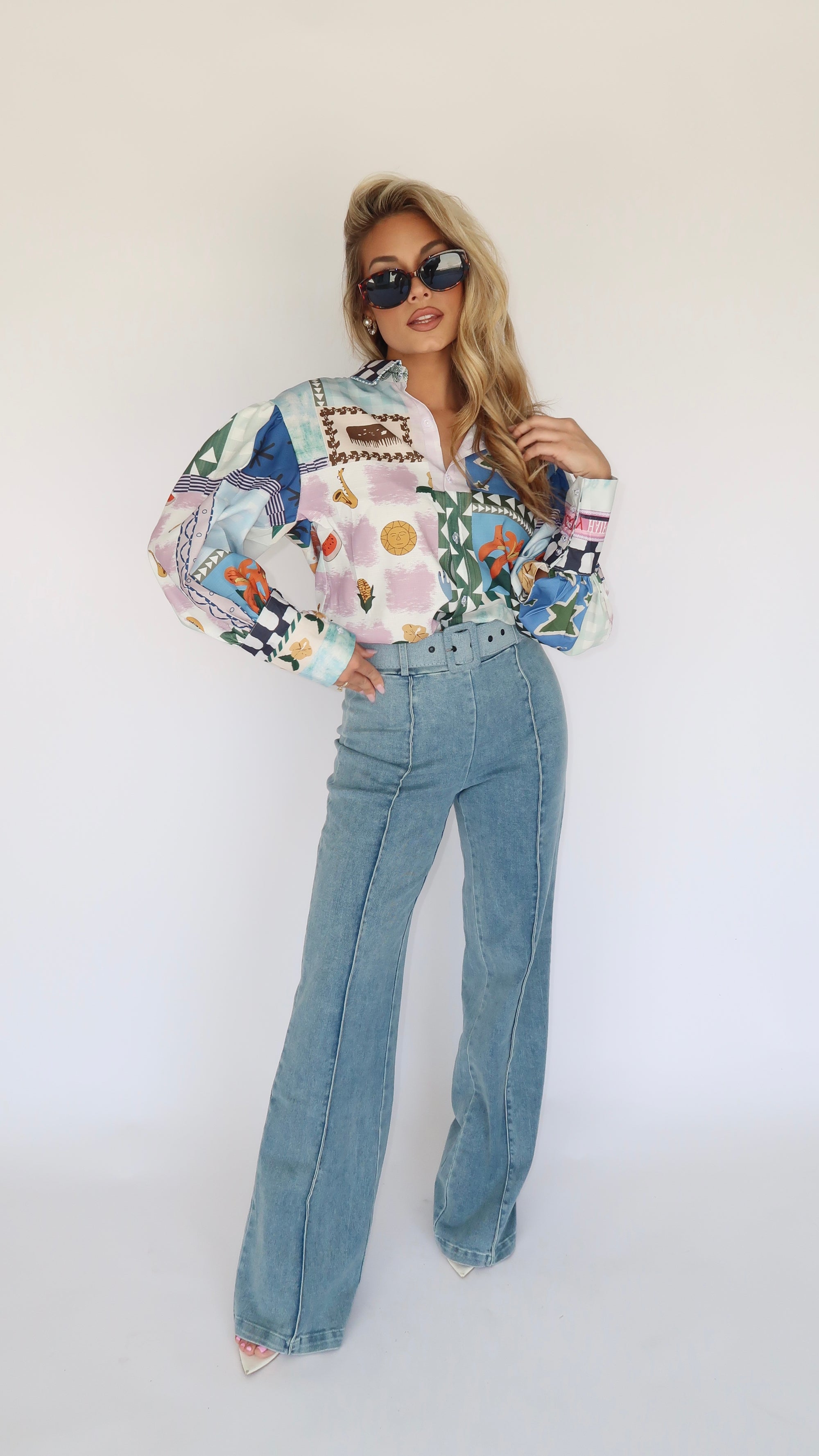 HIGH WAIST BELTED DENIM STRETCH PANTS