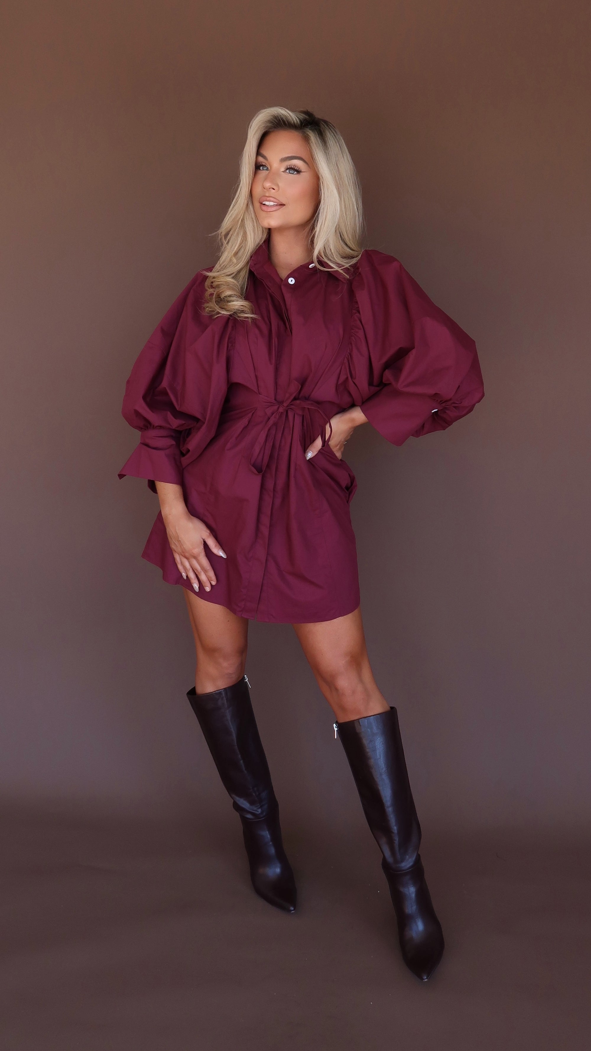 NOVEMBER PUFF SLEEVE DRESS CRANBERRY
