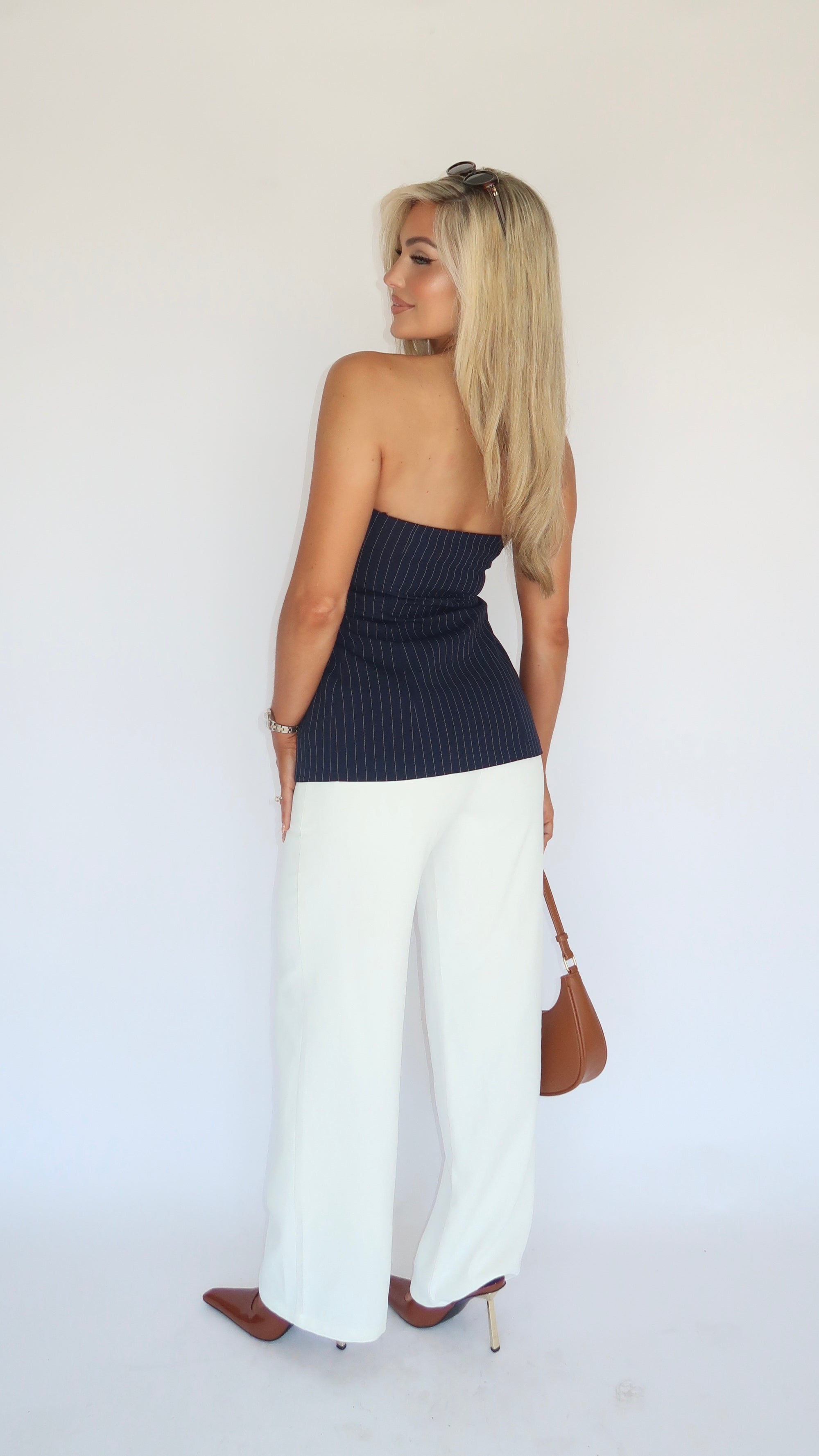 SEACREST STRAPLESS STRIPED TOP NAVY