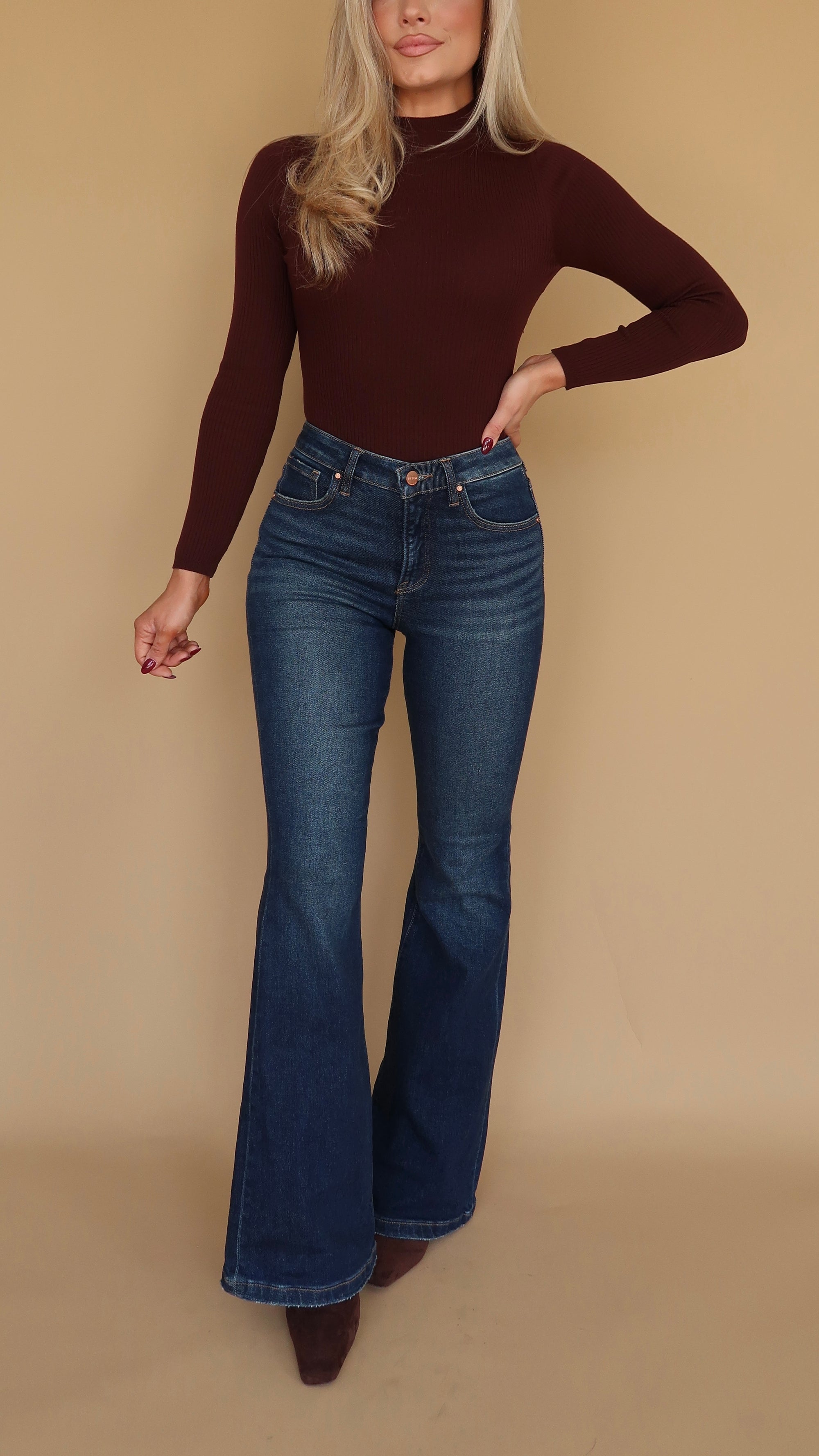 ISLA HIGH WAISTED FLARE DARK WASH DENIM