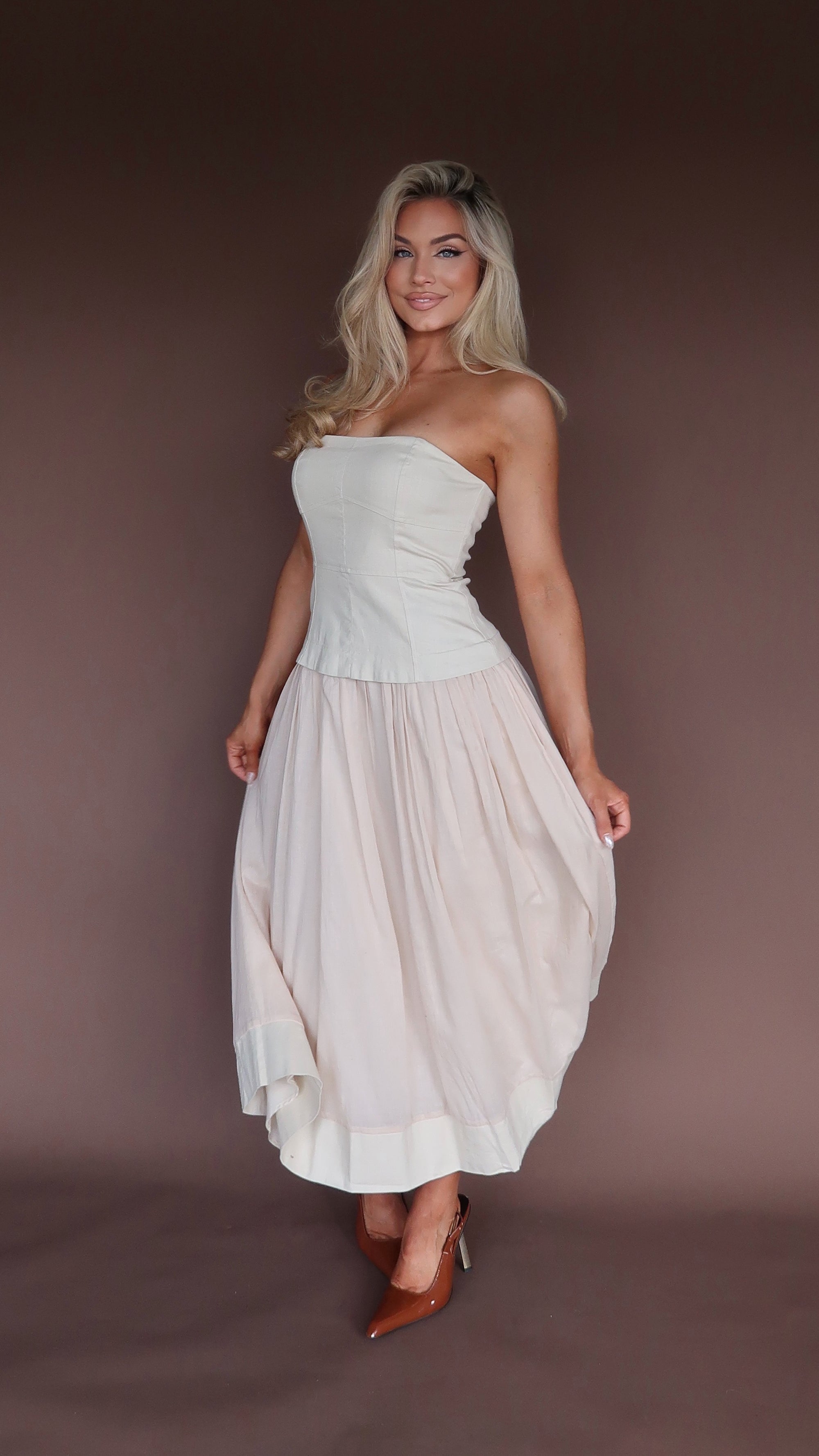 ELARA STRAPLESS MIDI DRESS ECRU