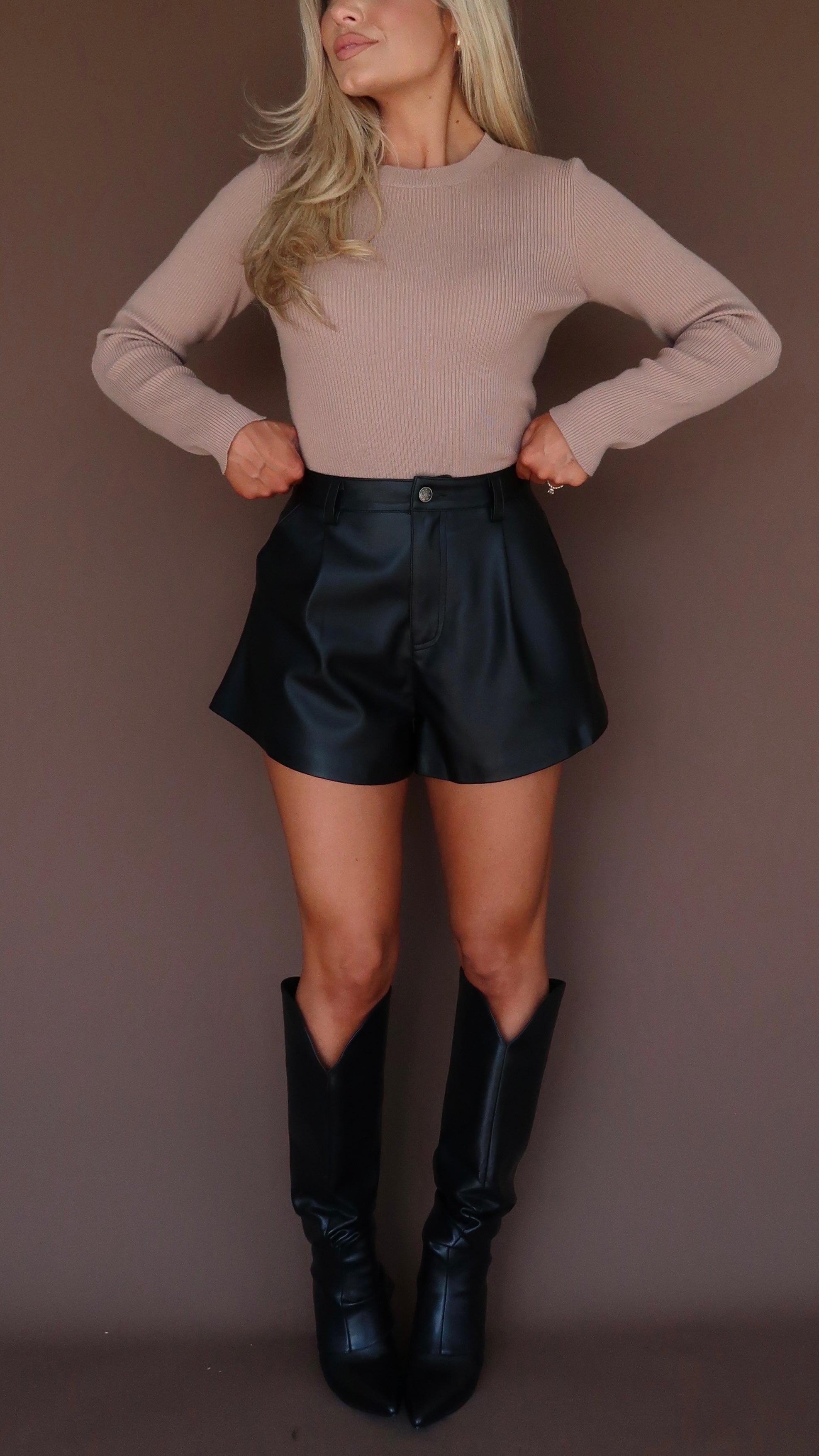 MCRAE HIGH WAISTED FLARED LEATHER SHORTS BLACK