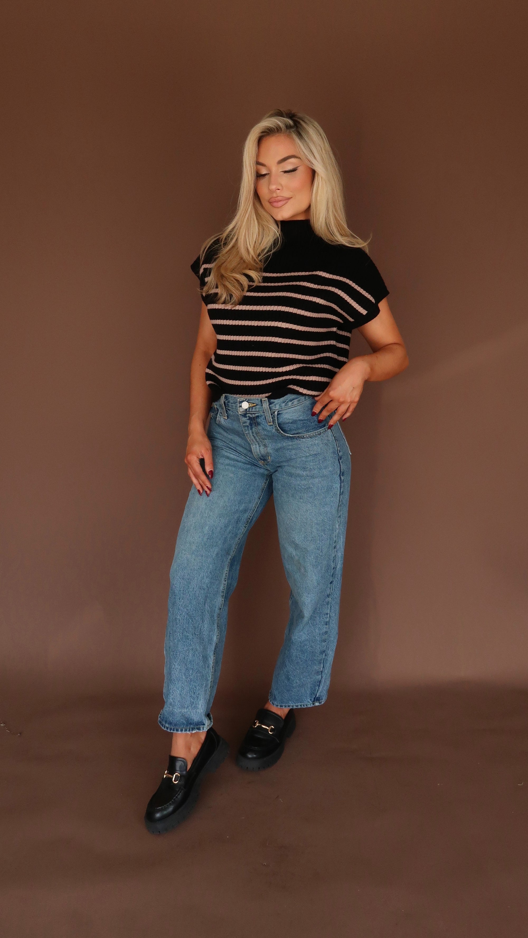 BELLIE STRIPED MOCK NECK SWEATER TOP BLACK