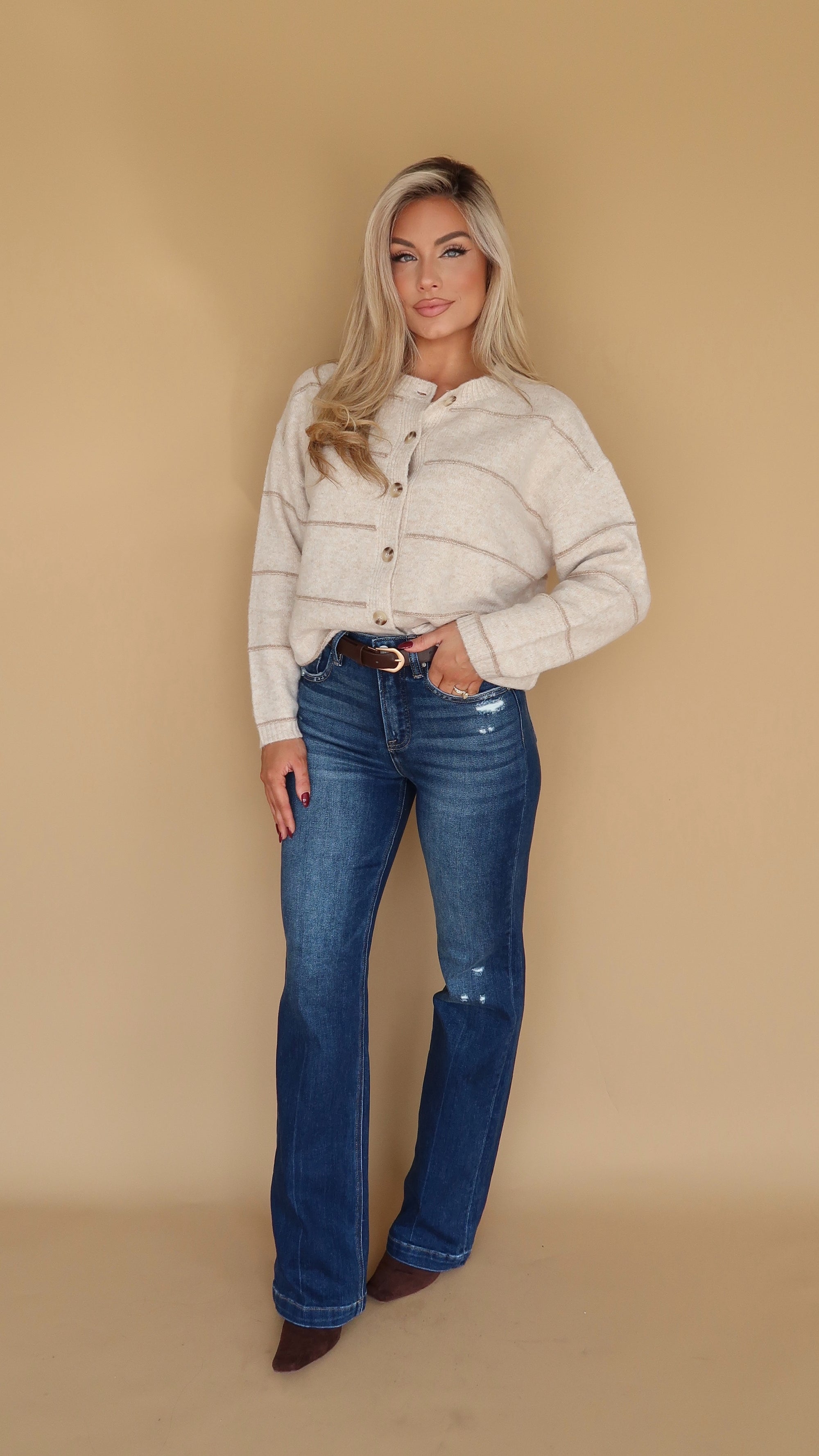CIDER-WOOD STRIPED CREAM CARDIGAN