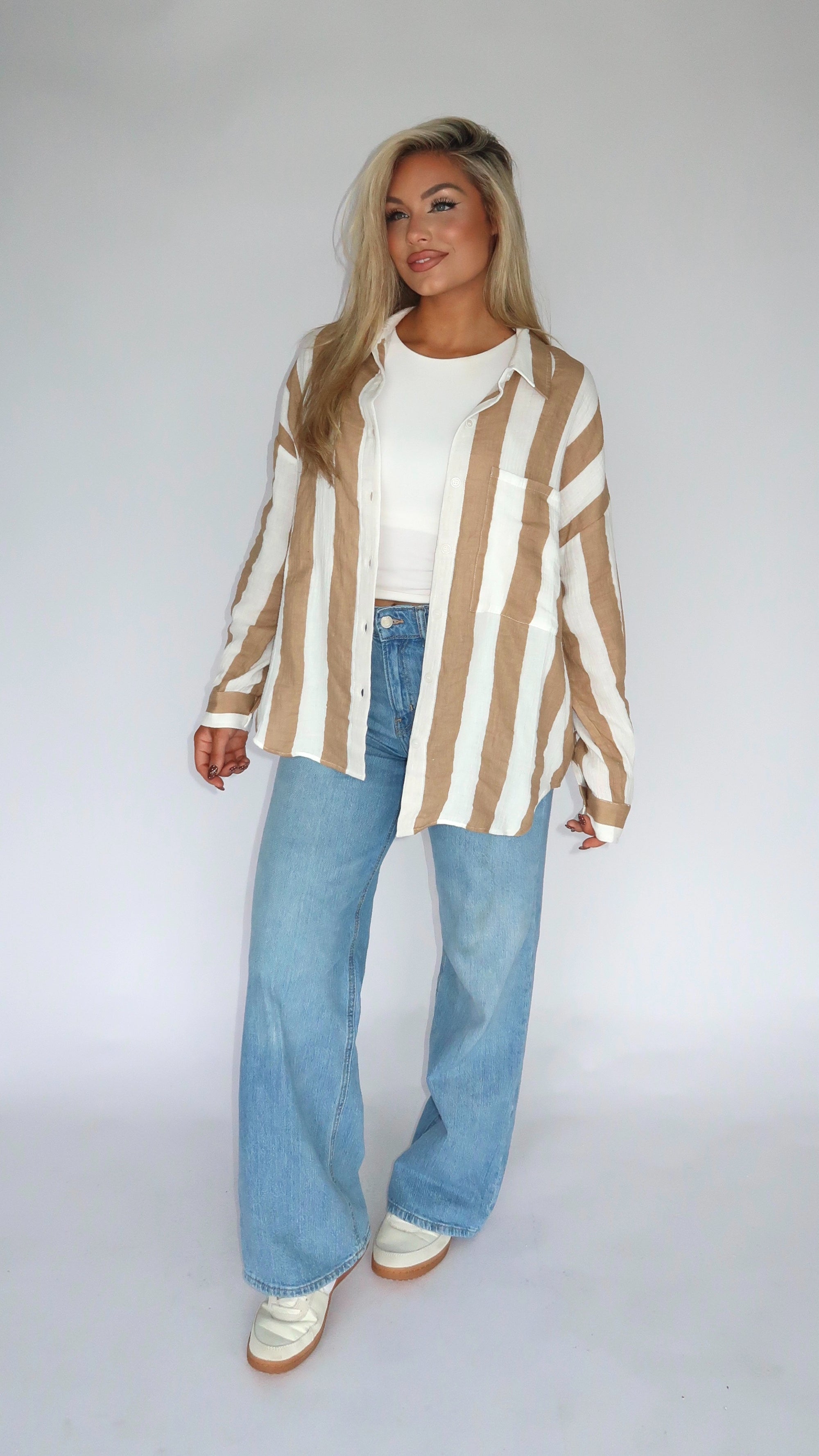 DRIFTWOOD STRIPES GAUZE BUTTON DOWN TOP