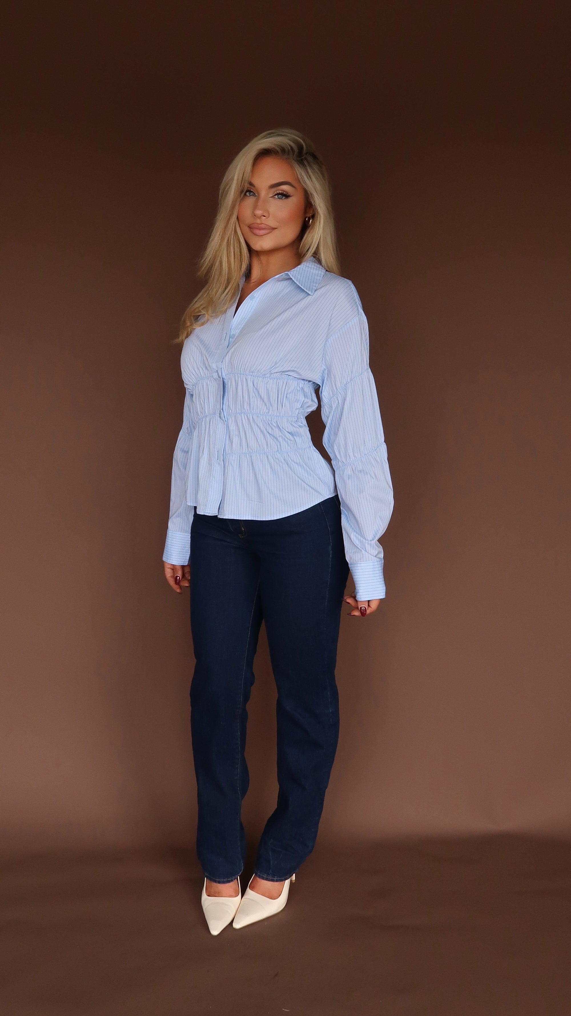 CONRAD RUCHED STRIPED BUTTON DOWN TOP