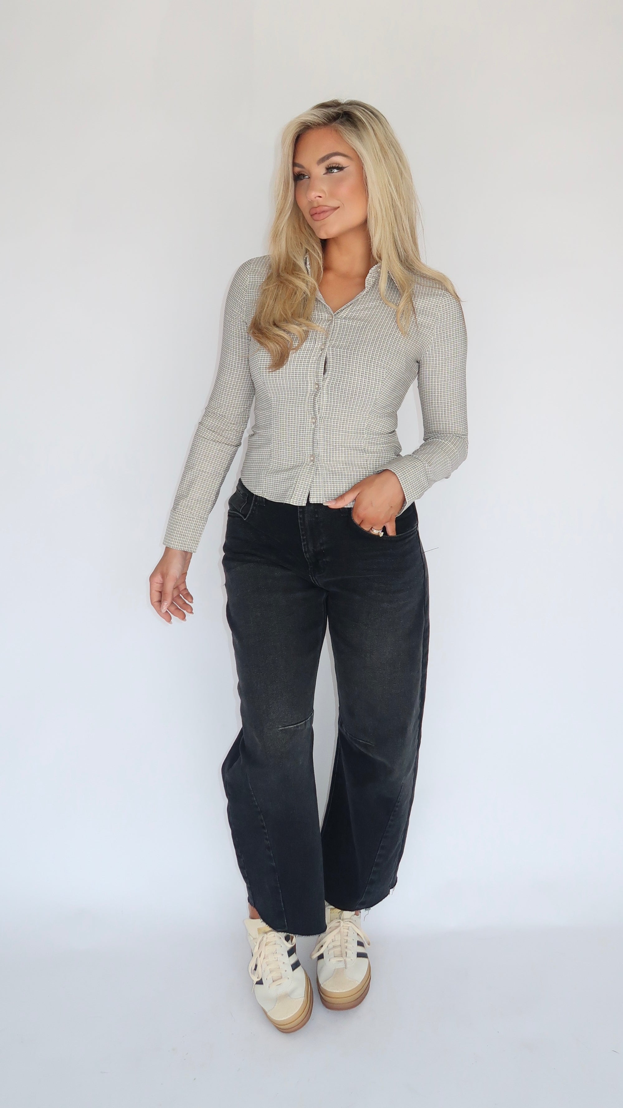 CLOVE PLAID BUTTON DOWN TOP CREAM