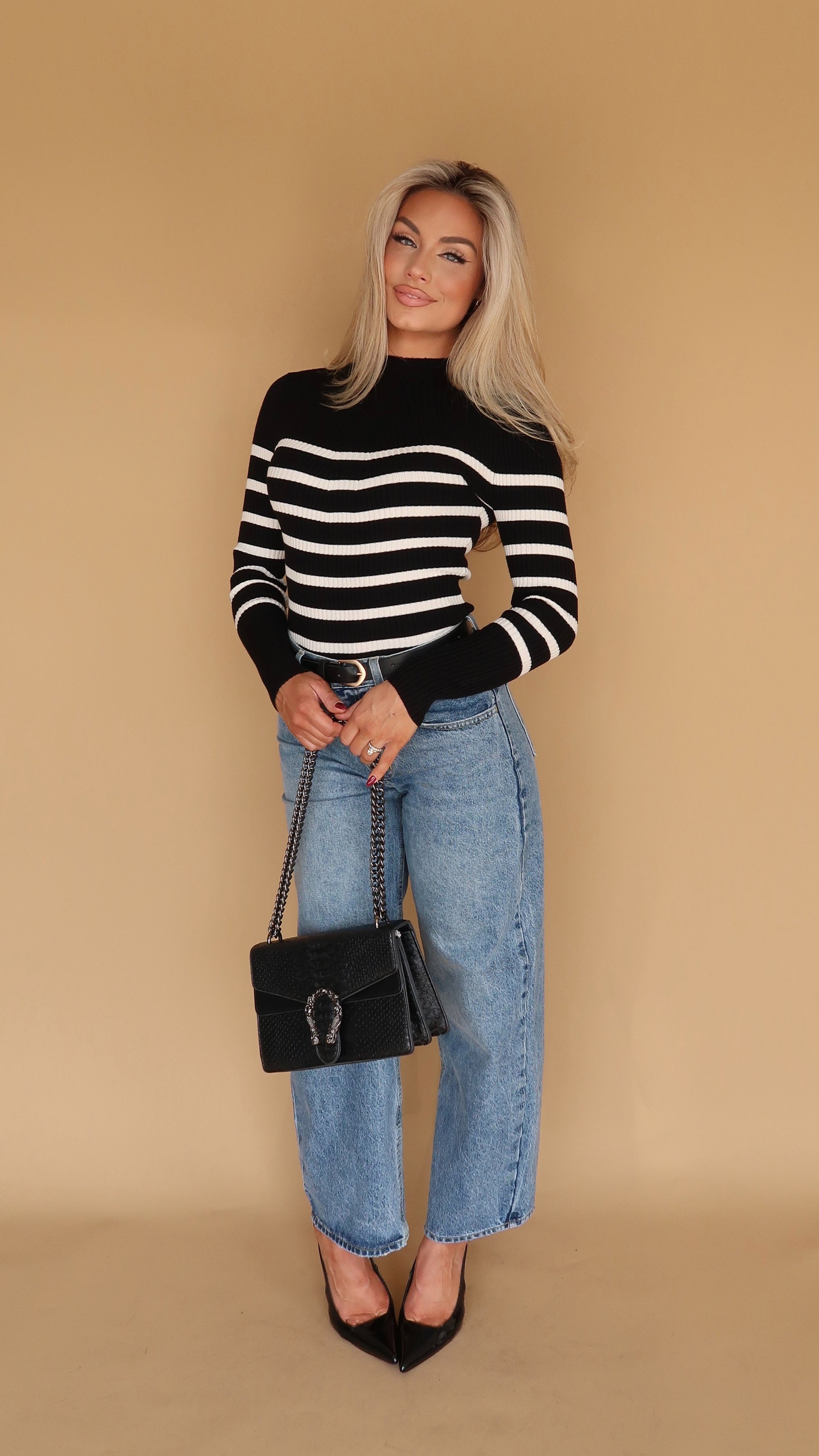 CORE STRIPED MOCK NECK SWEATER TOP BLACK/WHITE