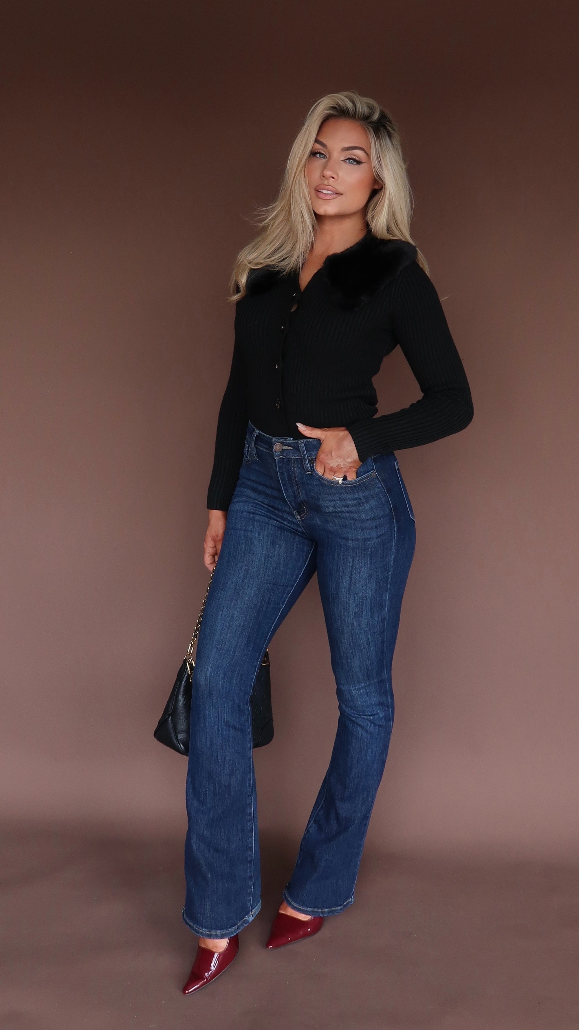 BOMBSHELL FUR TRIM CARDIGAN BLACK