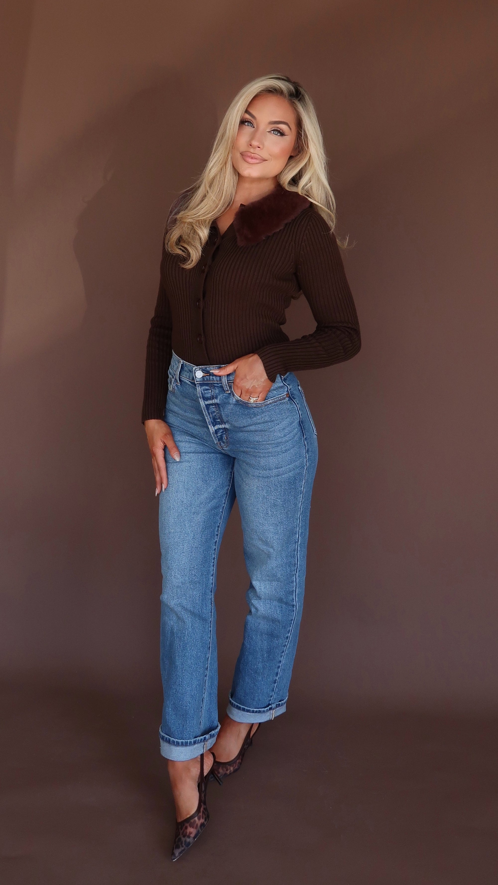 BOMBSHELL FUR TRIM CARDIGAN CHOCLATE