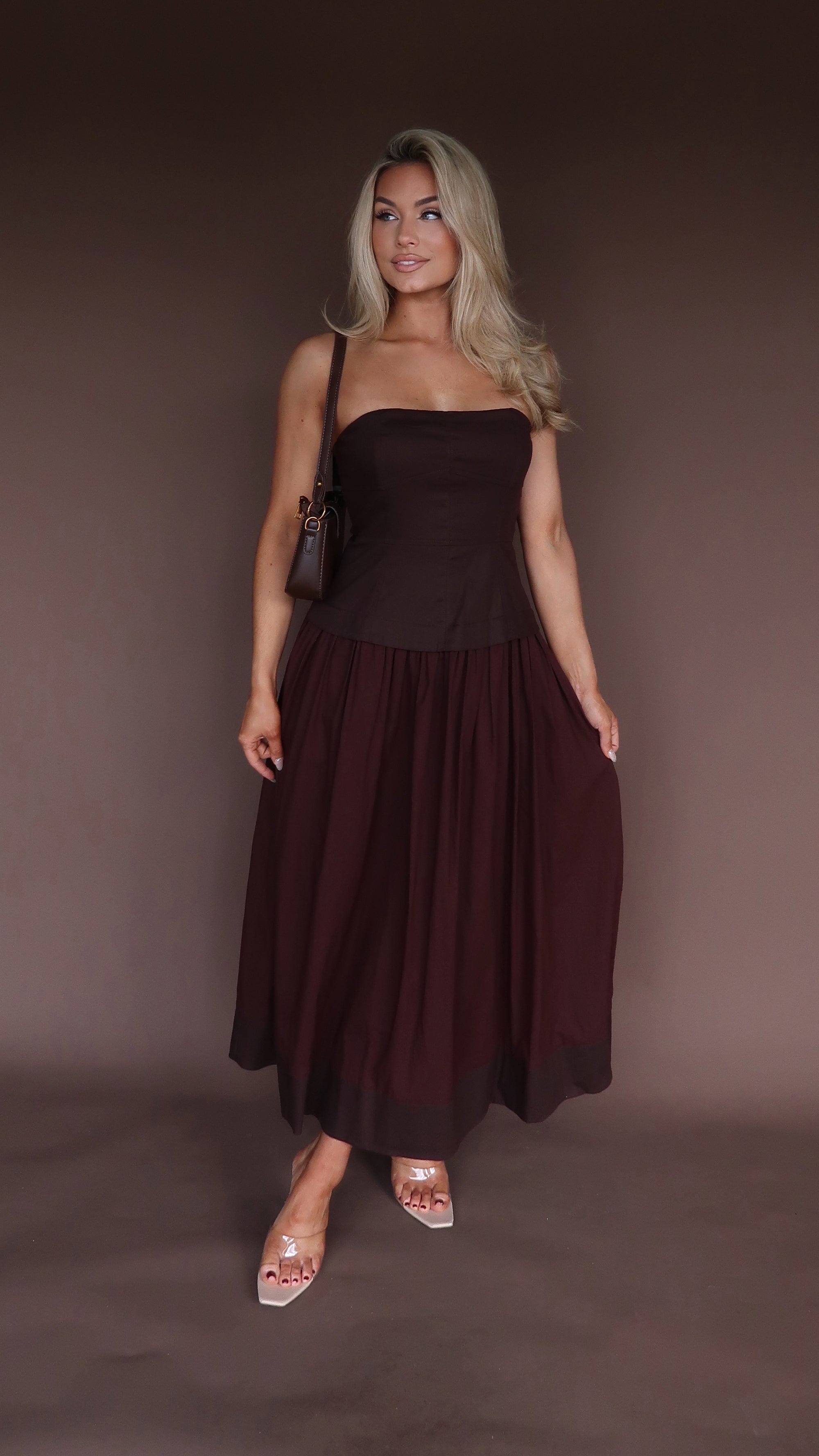 ELARA STRAPLESS MIDI DRESS CHOCOLATE