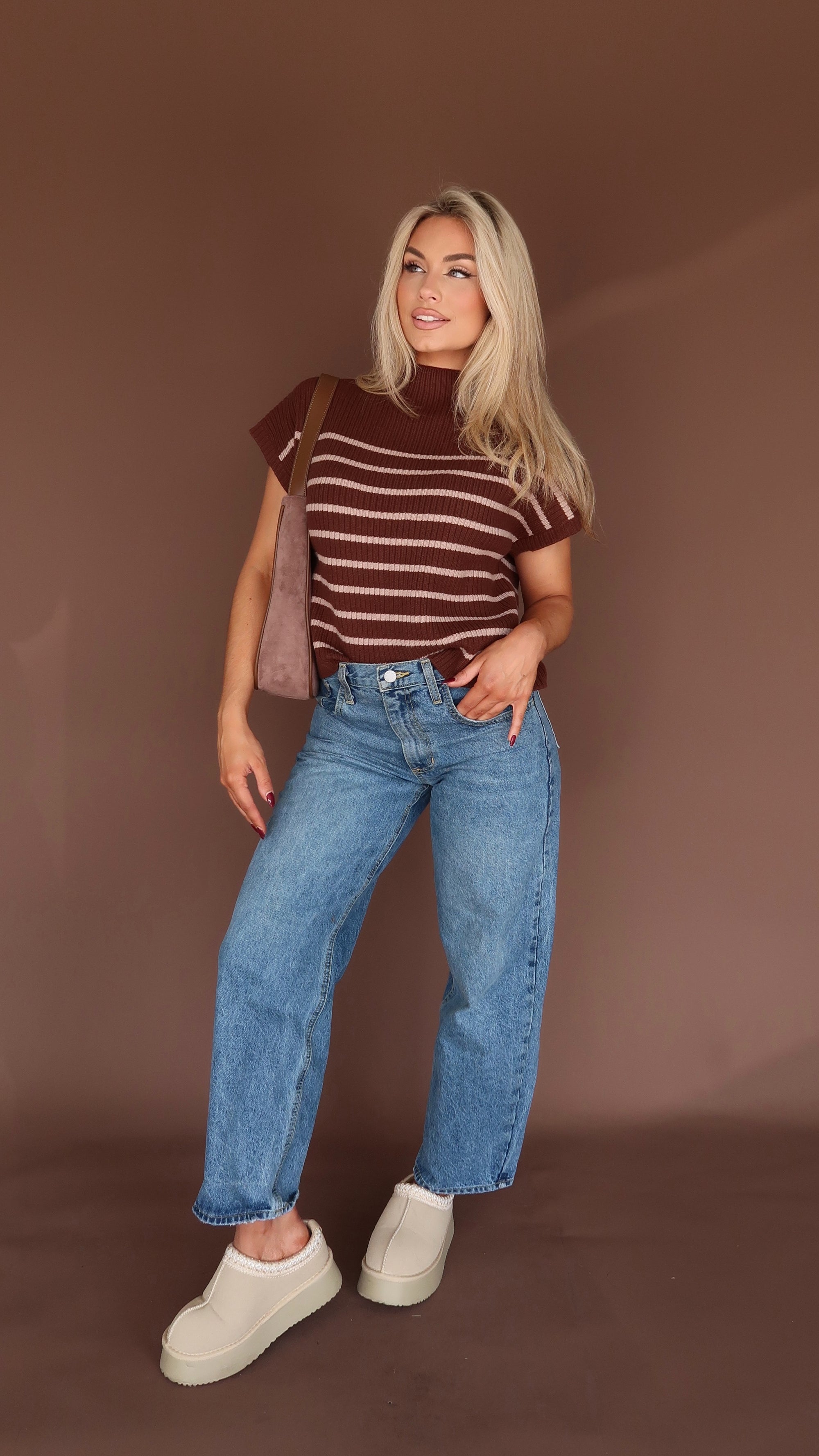 BELLIE STRIPED MOCK NECK SWEATER TOP BROWN