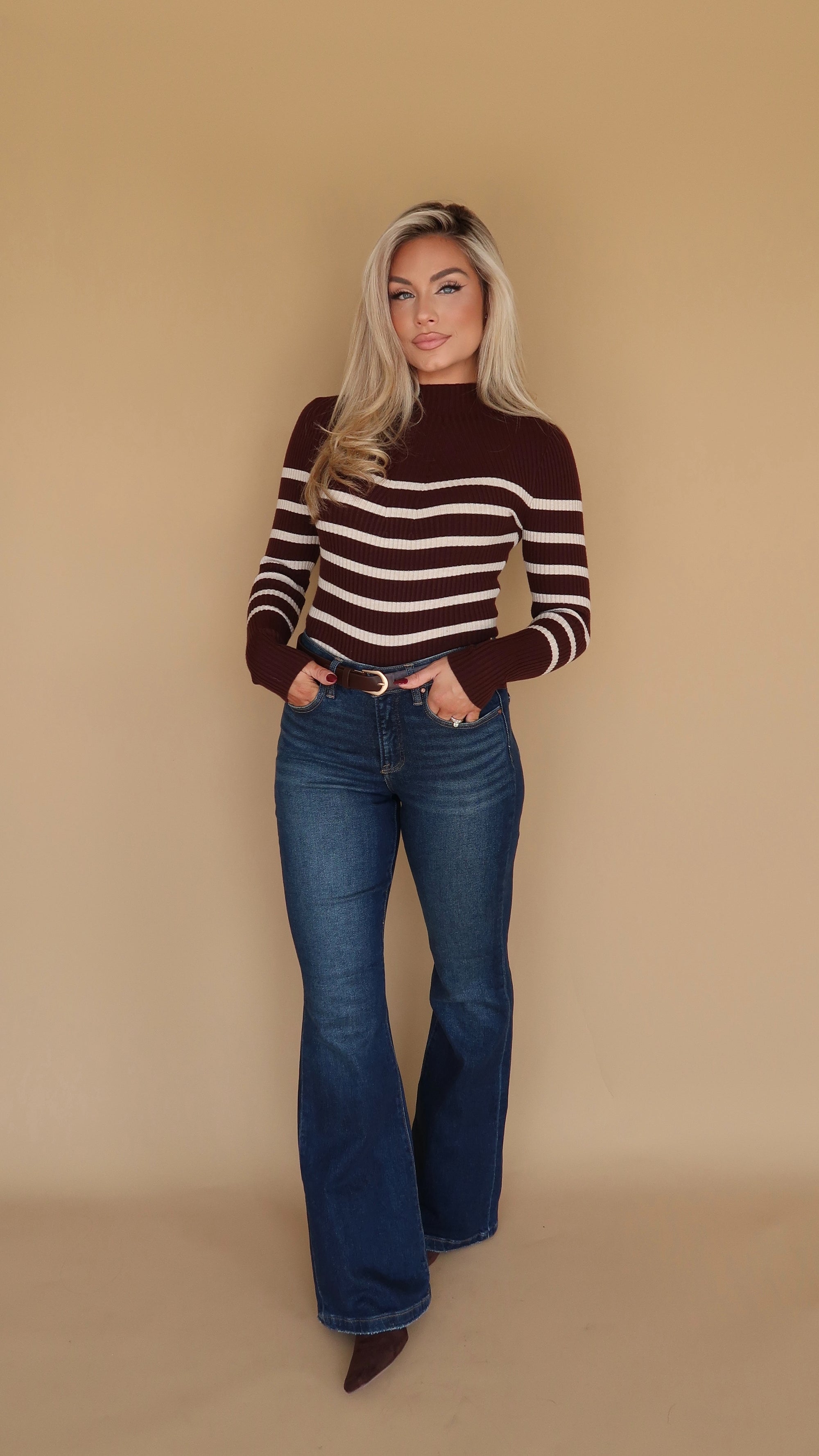 CORE STRIPED MOCK NECK SWEATER TOP BROWN