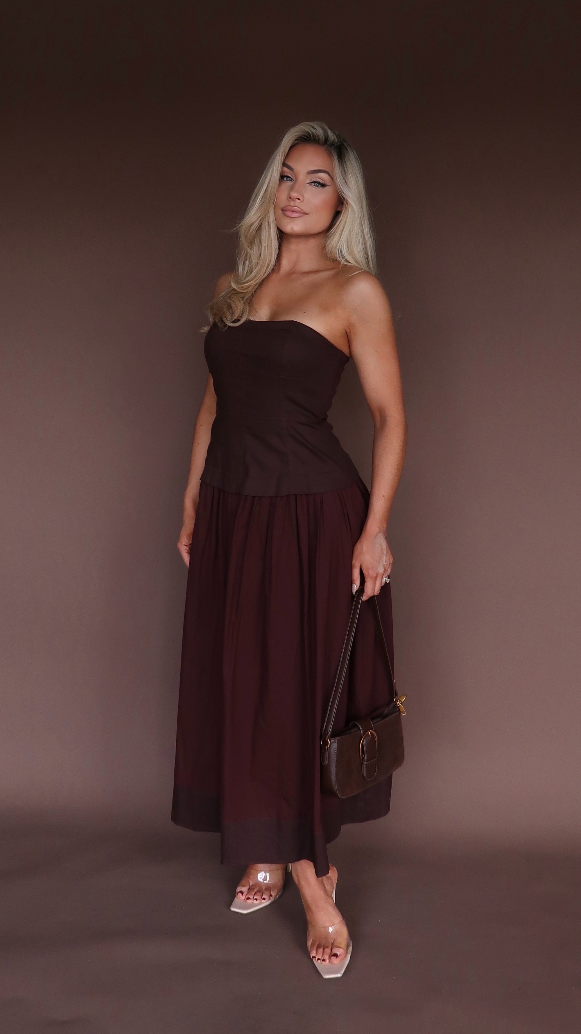 ELARA STRAPLESS MIDI DRESS CHOCOLATE