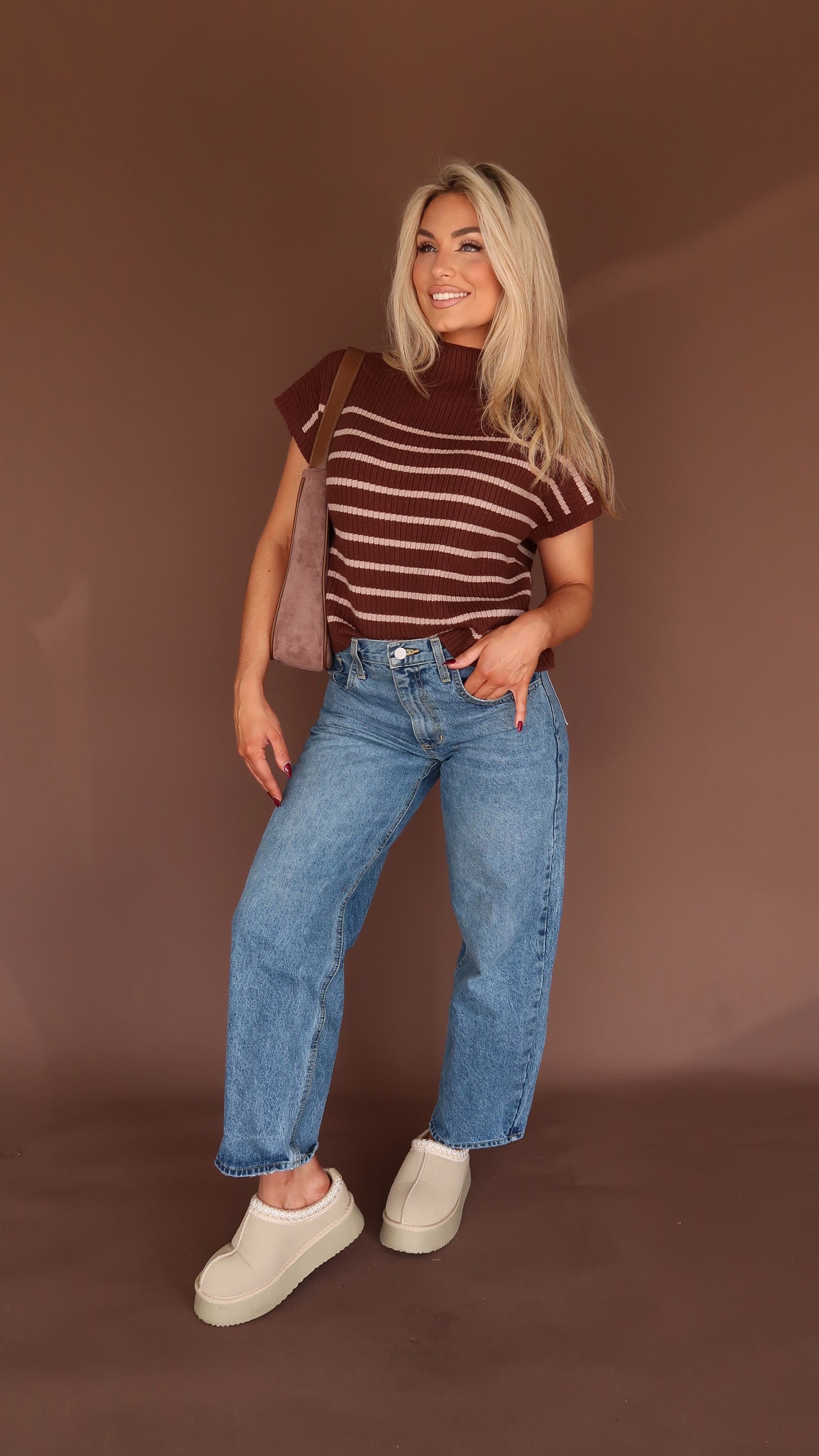 BELLIE STRIPED MOCK NECK SWEATER TOP BROWN