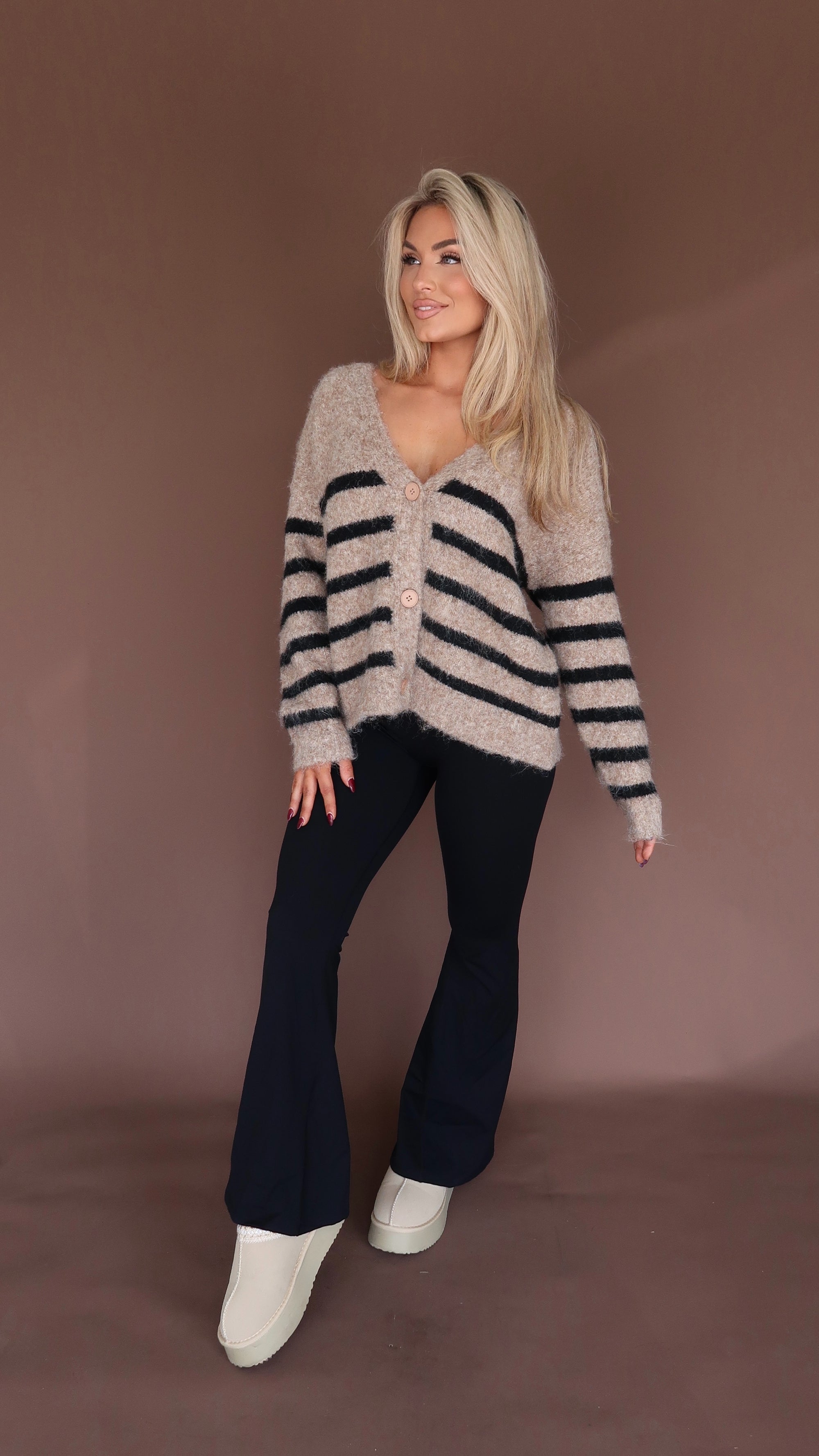 OAKLEY STRIPED CARDIGAN MOCHA/BLACK