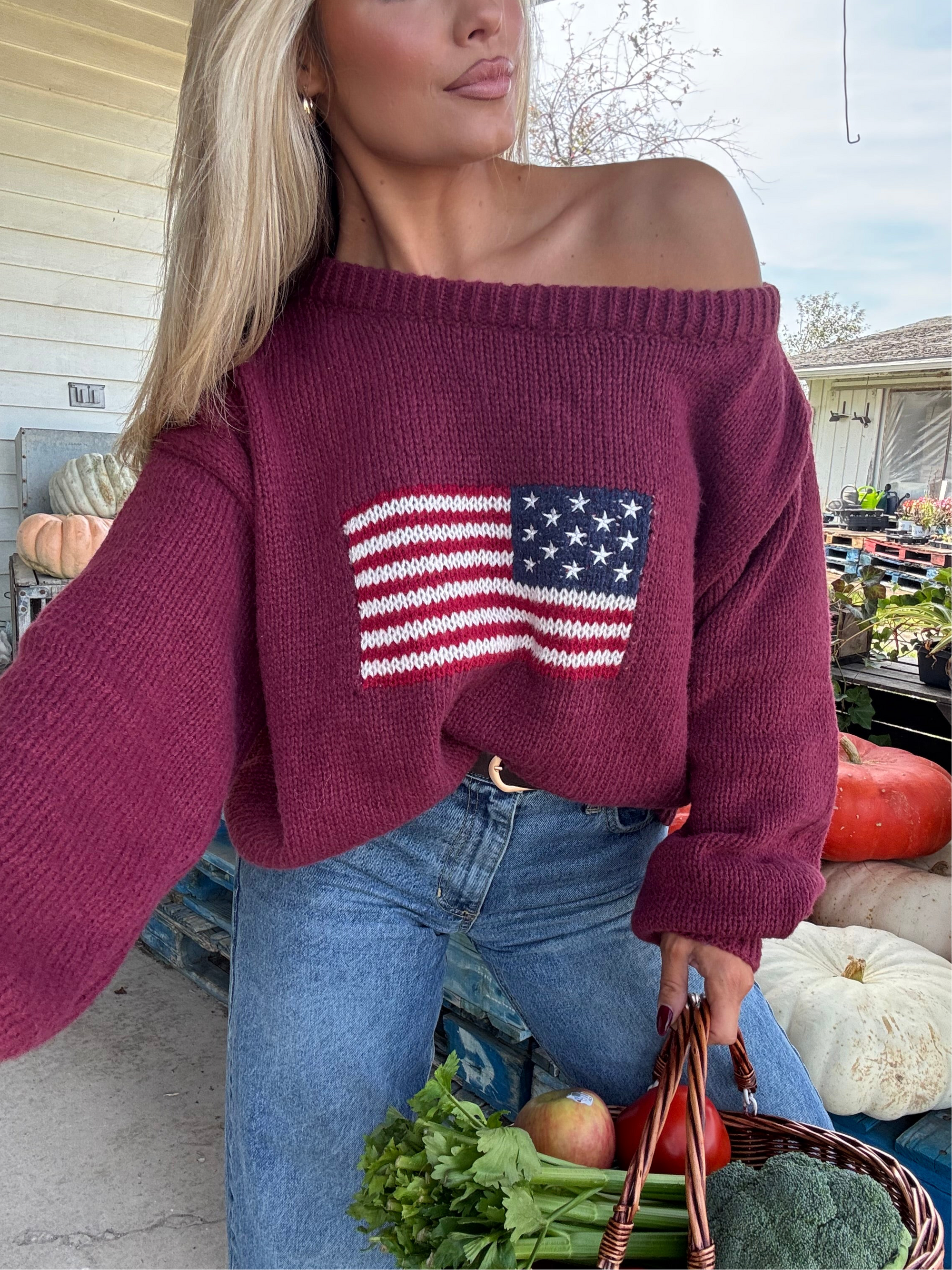 KIRK AMERICAN OFF THE SHOULDER KNIT SWEATER
