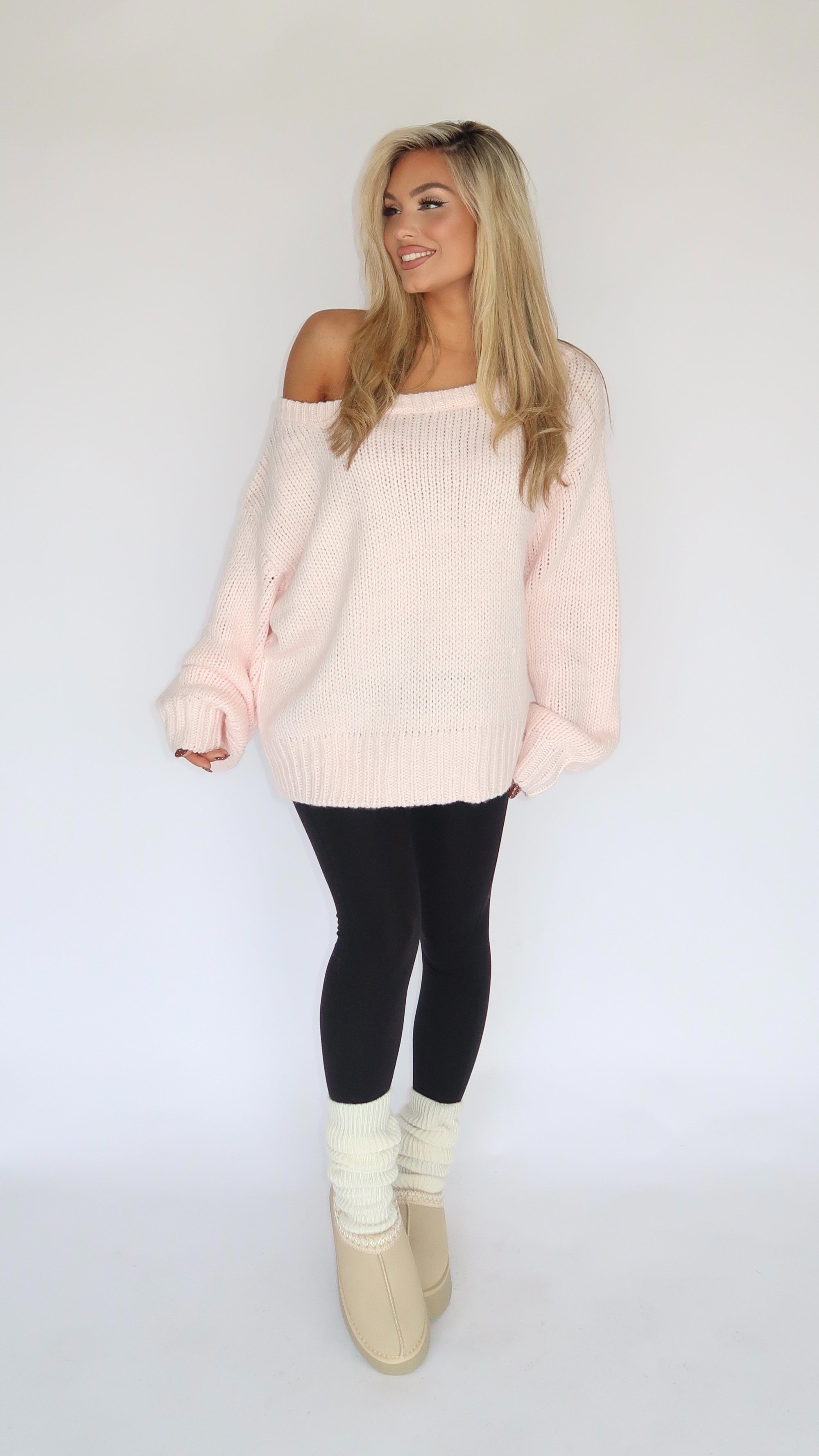 AMERICAN GIRL OFF THE SHOULDER KNIT SWEATER SOFT PINK