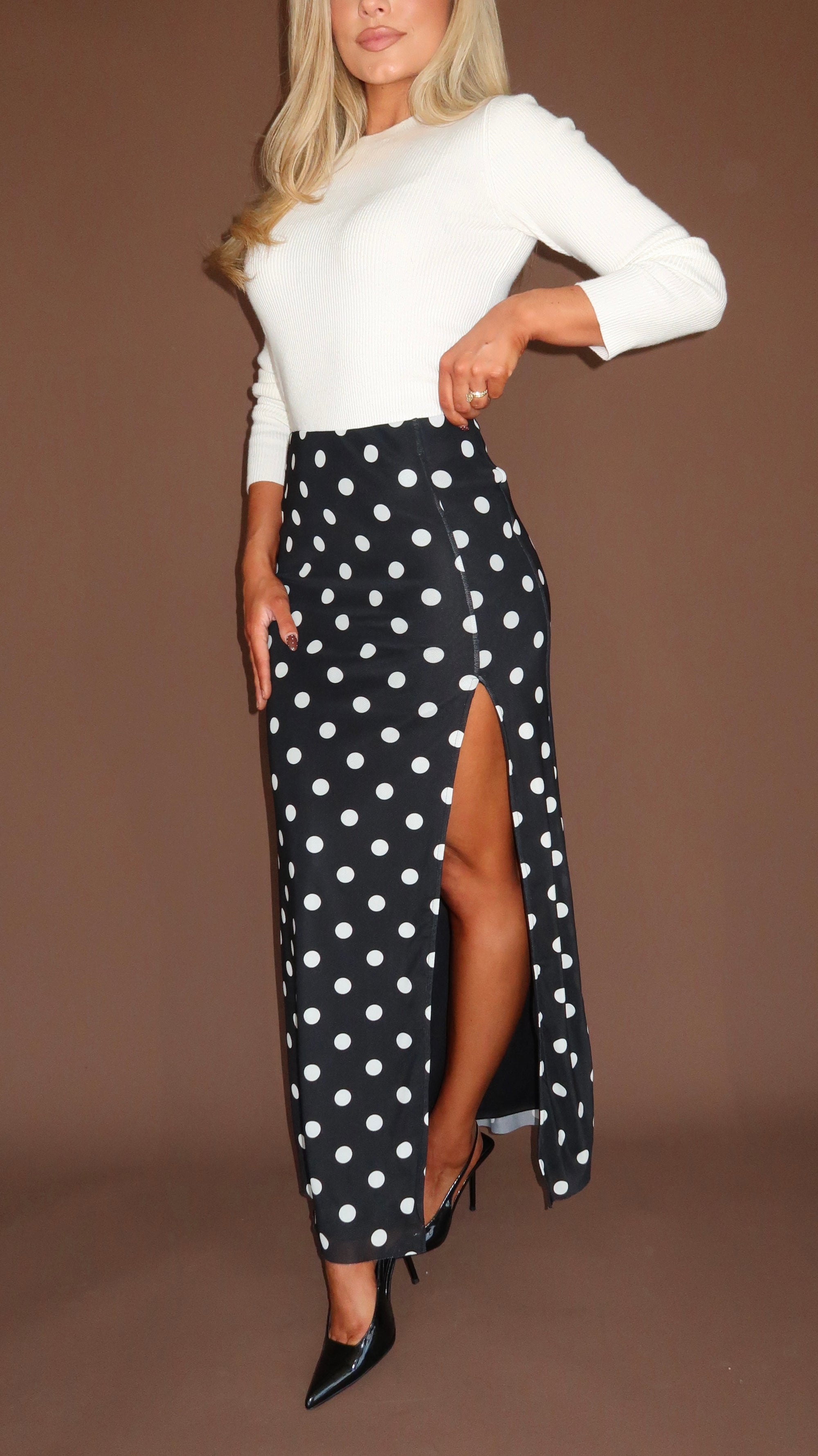 POISED POLKA DOT HIGH WAISTED MAXI SKIRT