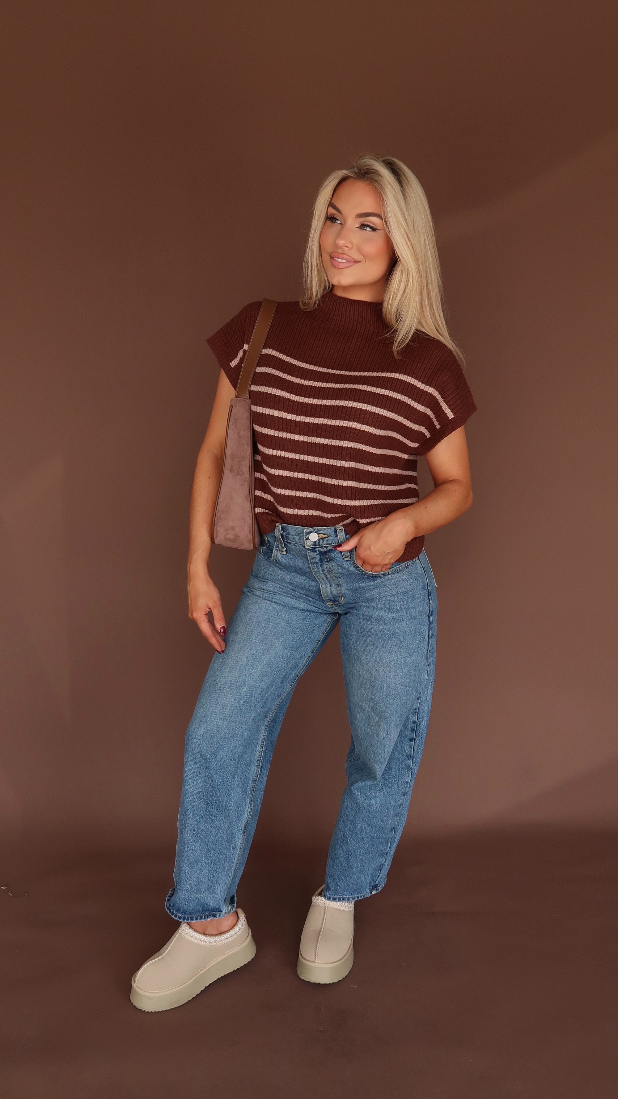 BELLIE STRIPED MOCK NECK SWEATER TOP BROWN