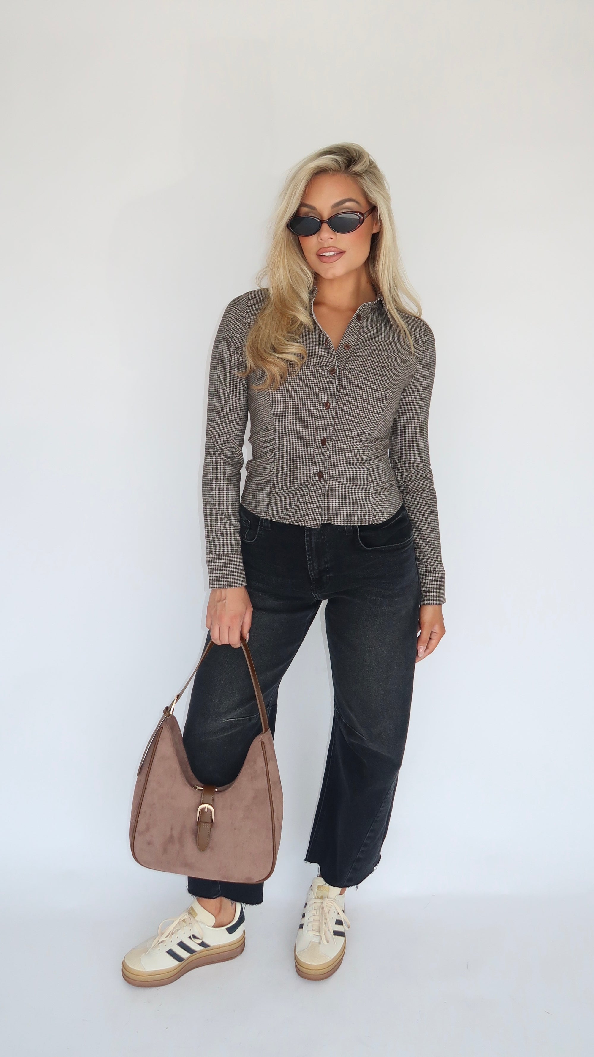 CLOVE PLAID BUTTON DOWN TOP BROWN