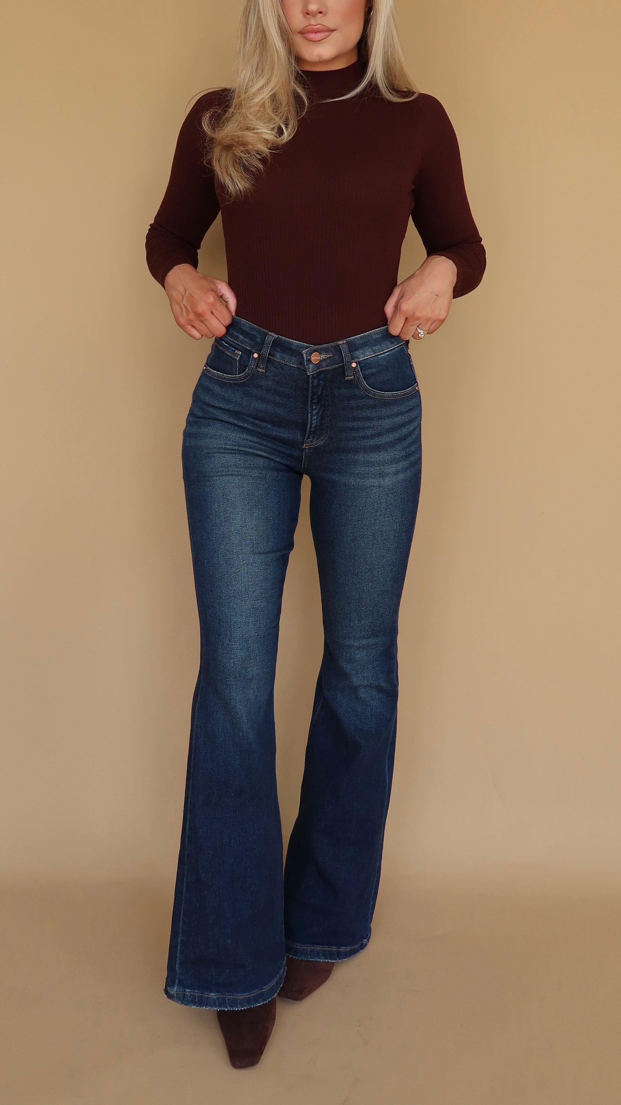 ISLA HIGH WAISTED FLARE DARK WASH DENIM