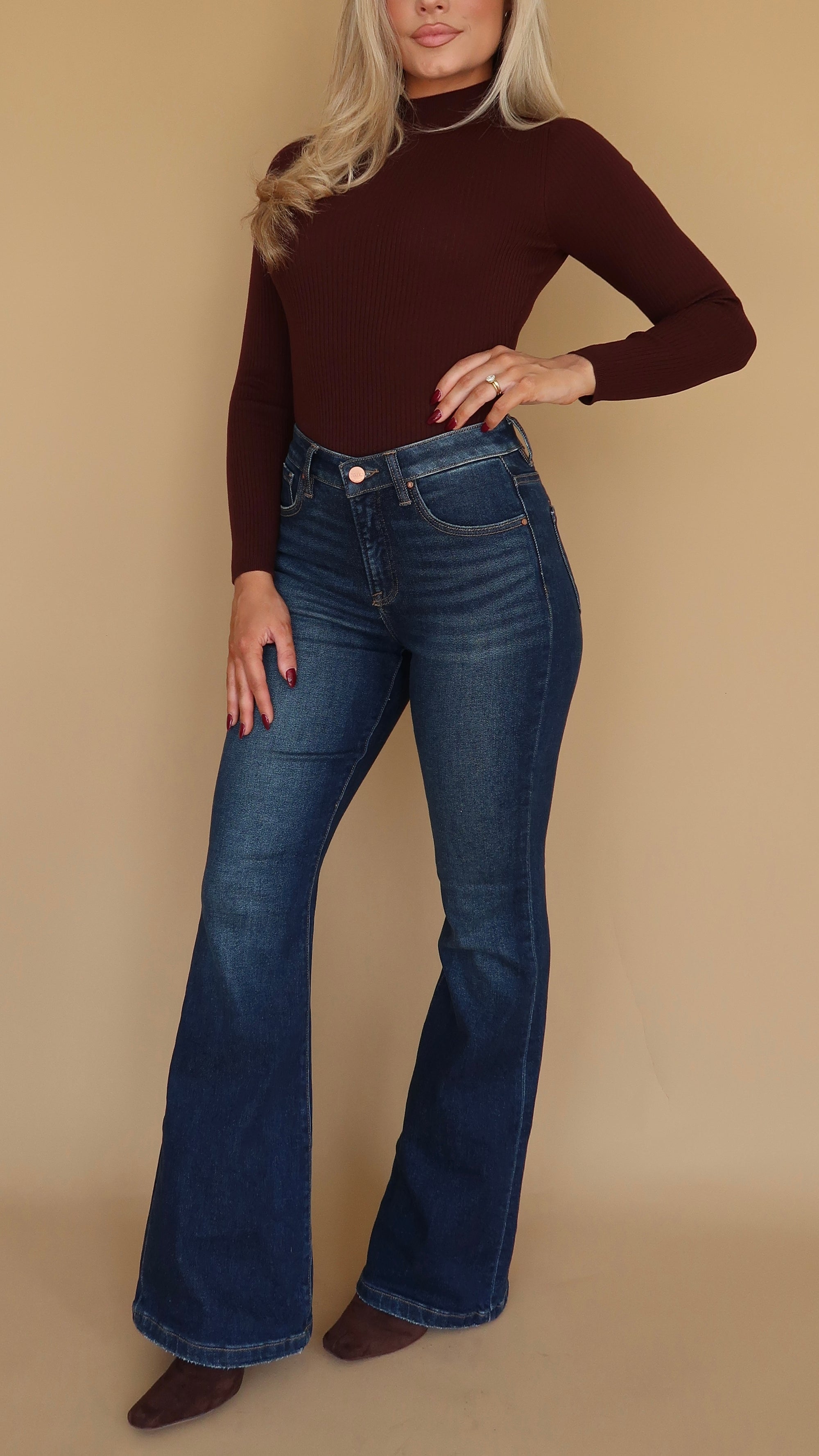 ISLA HIGH WAISTED FLARE DARK WASH DENIM