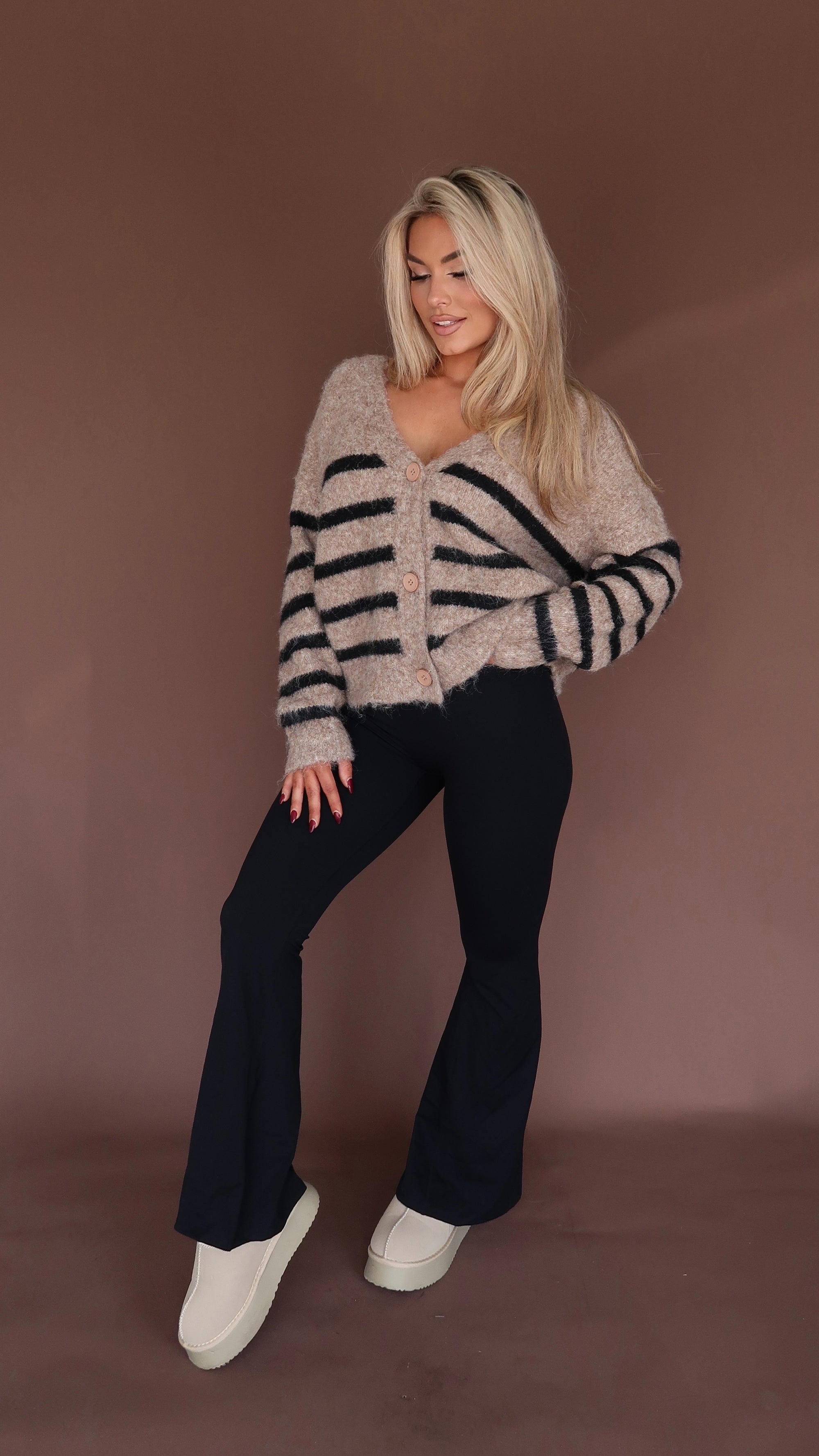 OAKLEY STRIPED CARDIGAN MOCHA/BLACK