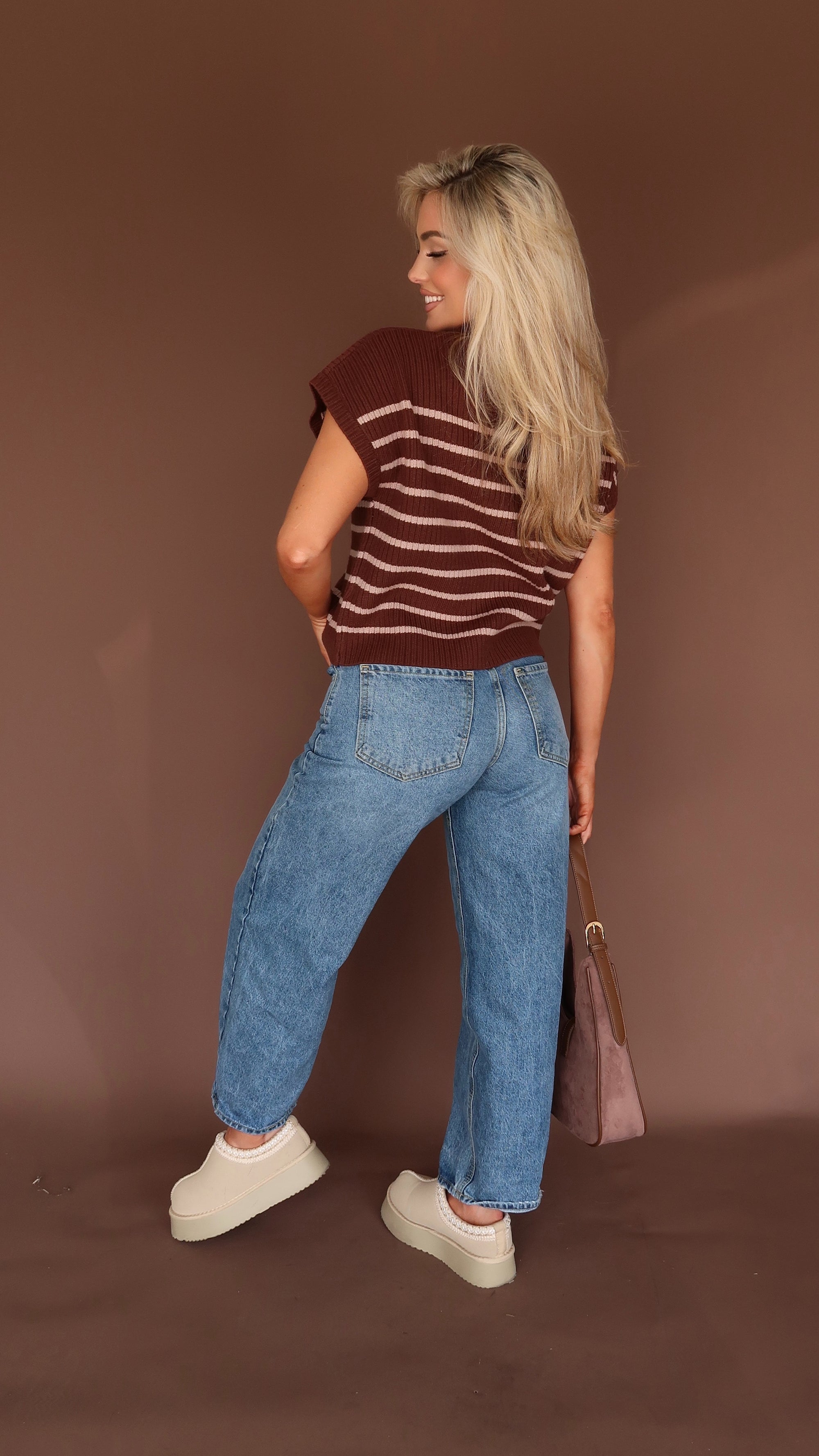 BELLIE STRIPED MOCK NECK SWEATER TOP BROWN