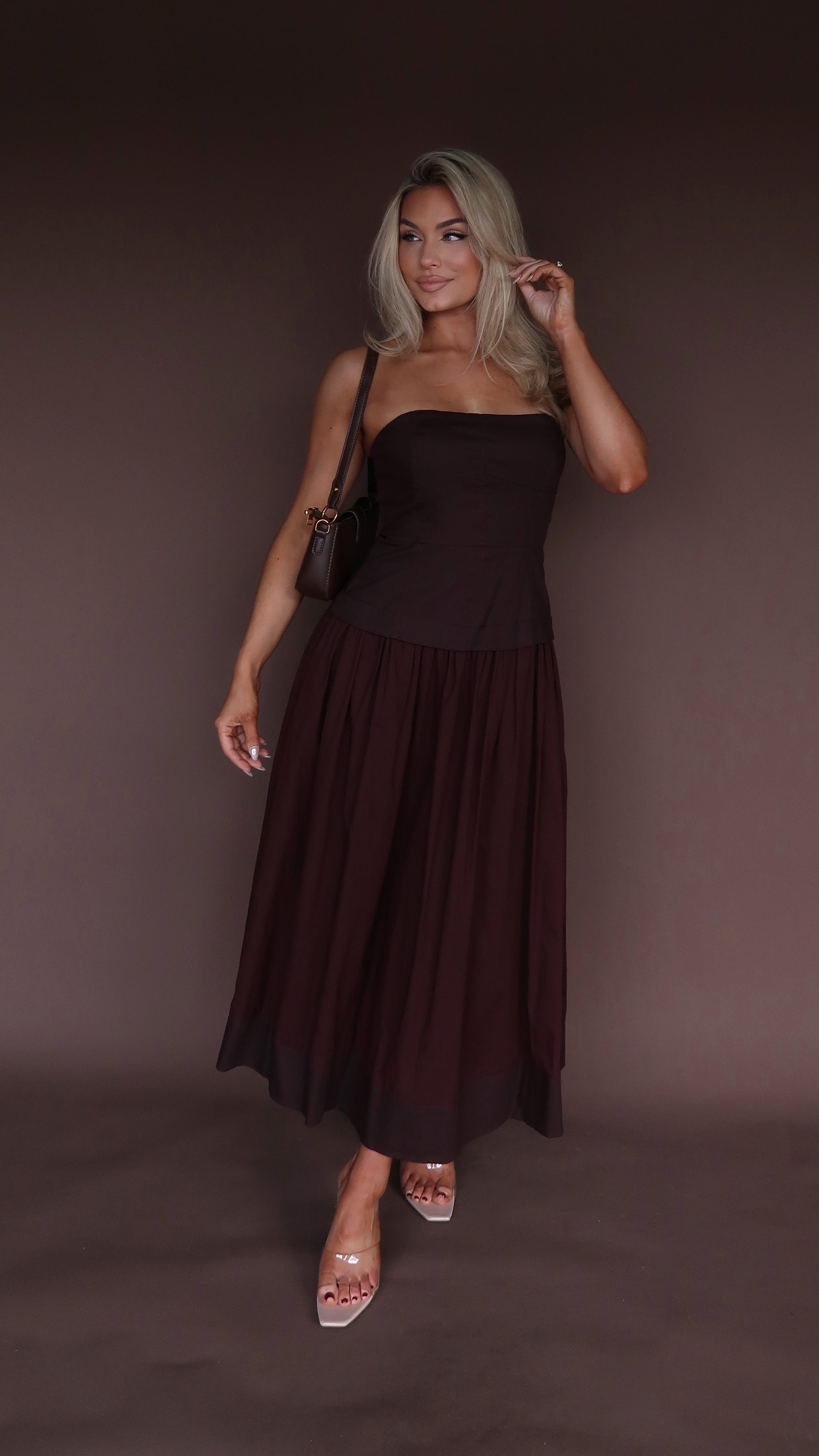 ELARA STRAPLESS MIDI DRESS CHOCOLATE
