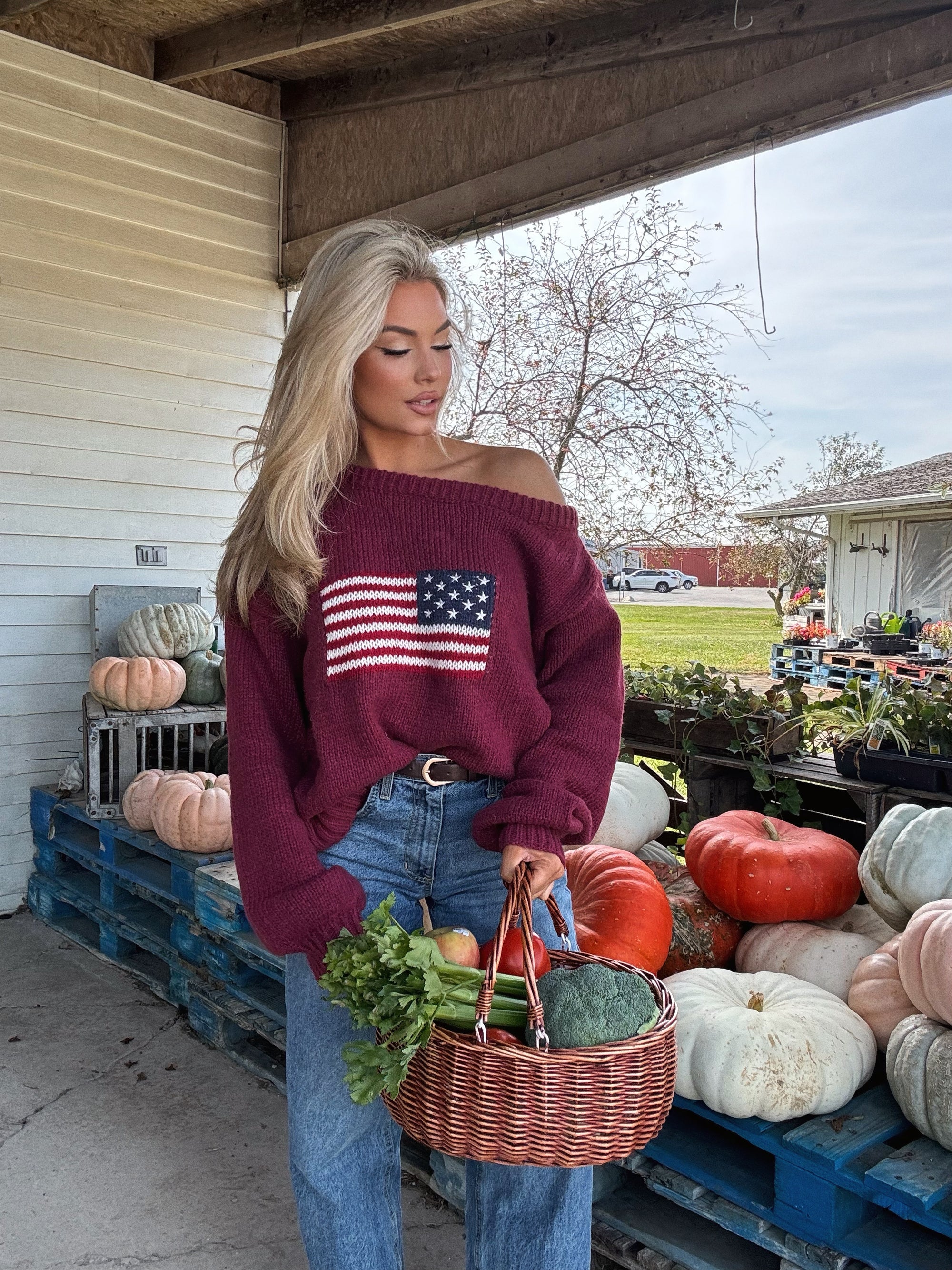 KIRK AMERICAN OFF THE SHOULDER KNIT SWEATER