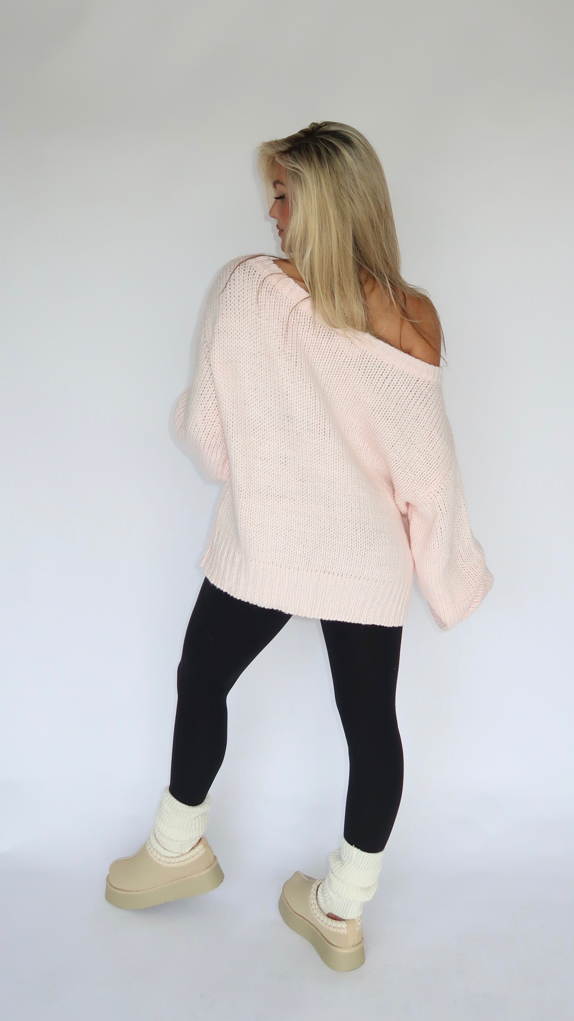 AMERICAN GIRL OFF THE SHOULDER KNIT SWEATER SOFT PINK