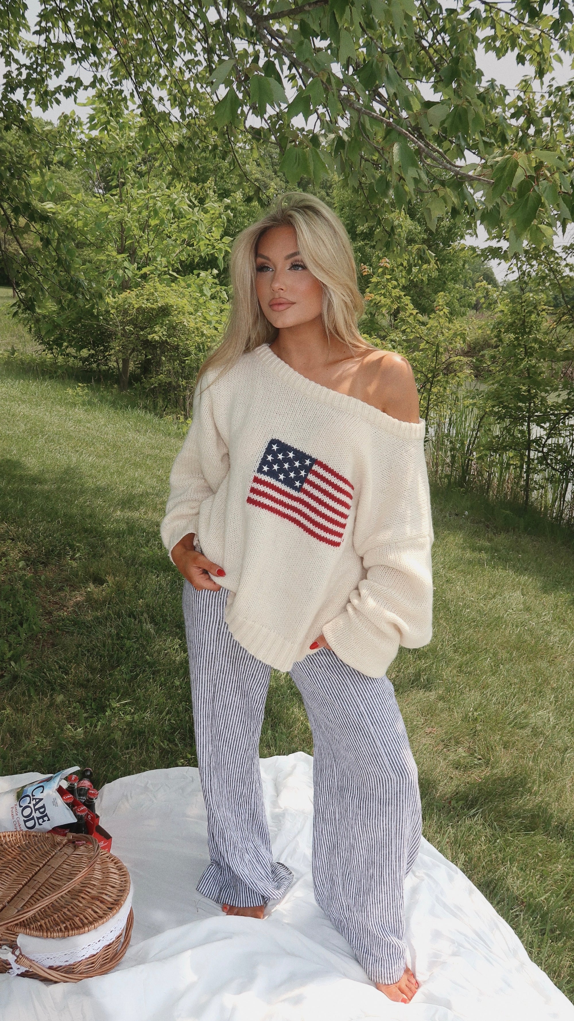 AMERICAN GIRL OFF THE SHOULDER KNIT SWEATER