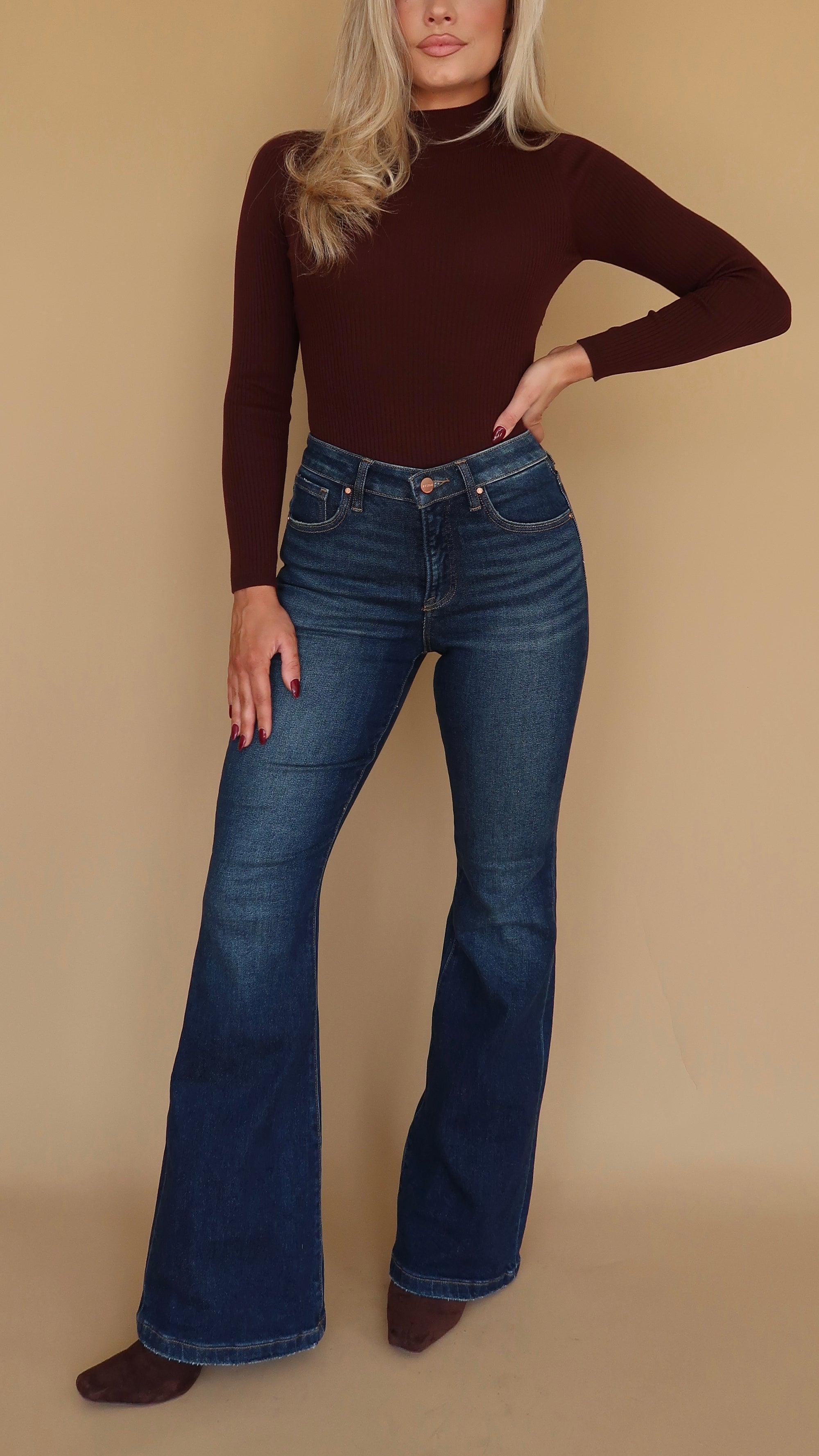 ISLA HIGH WAISTED FLARE DARK WASH DENIM