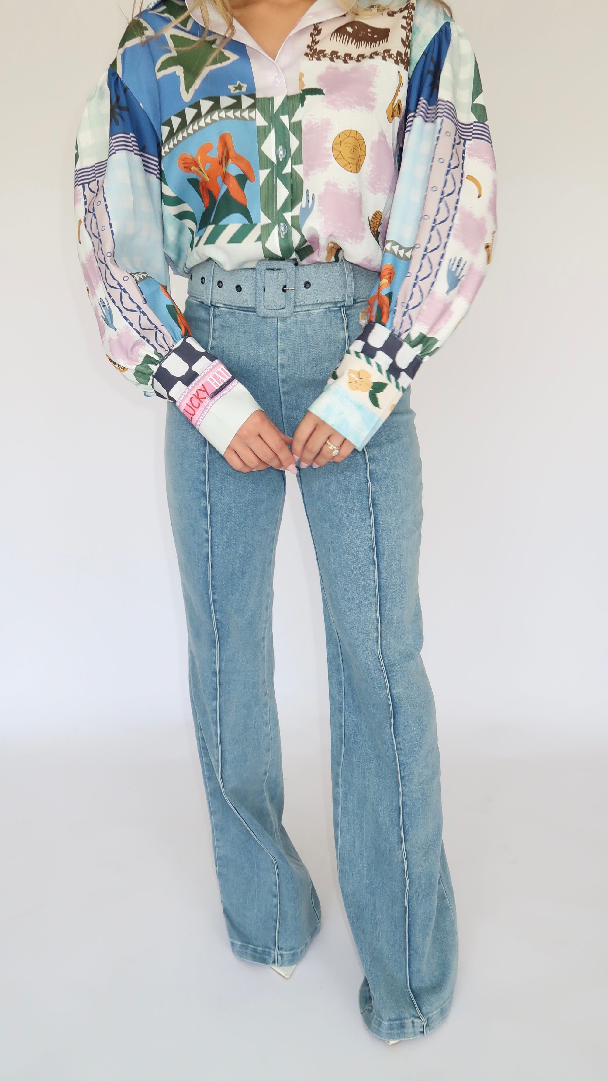 HIGH WAIST BELTED DENIM STRETCH PANTS