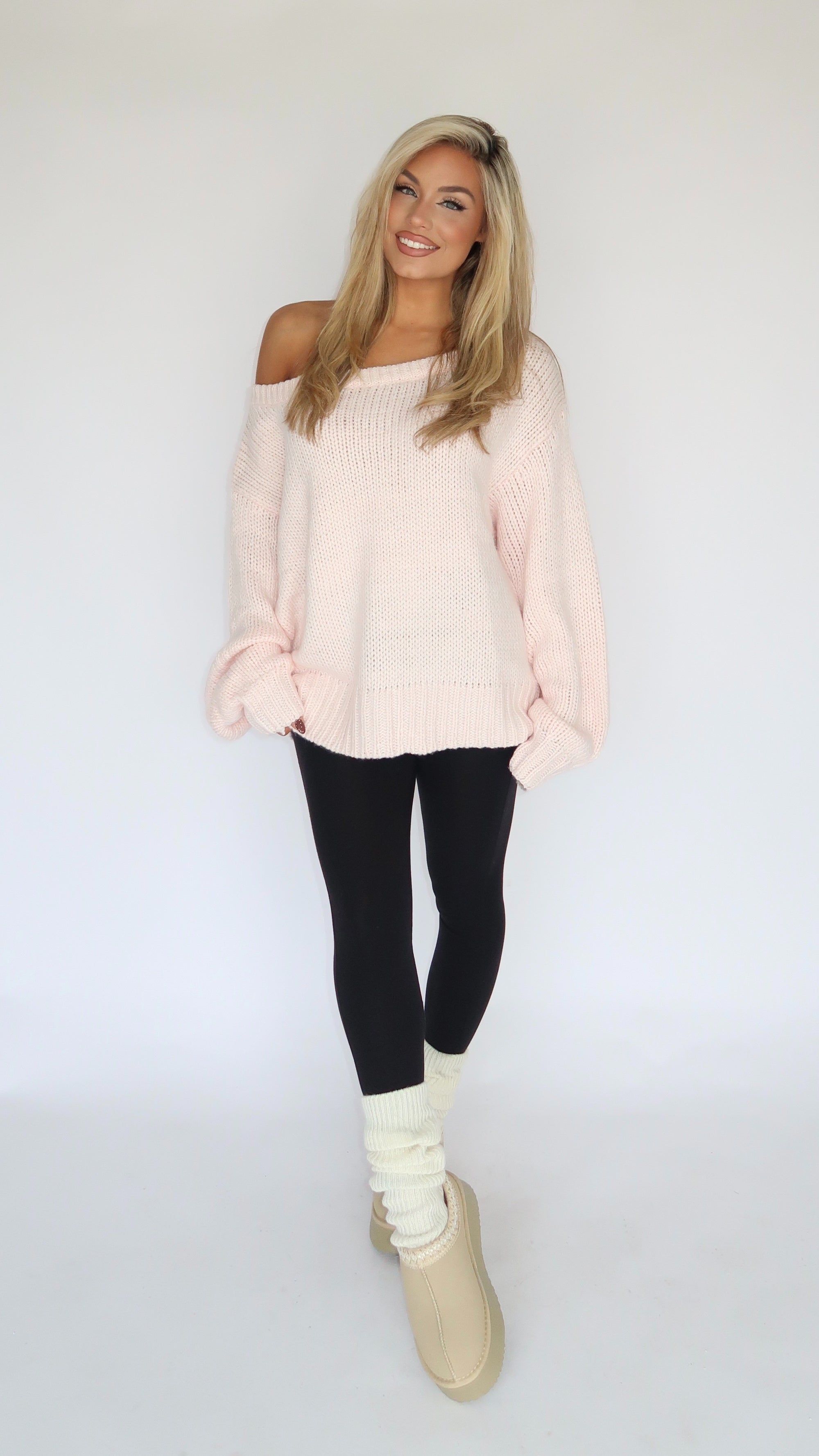 AMERICAN GIRL OFF THE SHOULDER KNIT SWEATER SOFT PINK