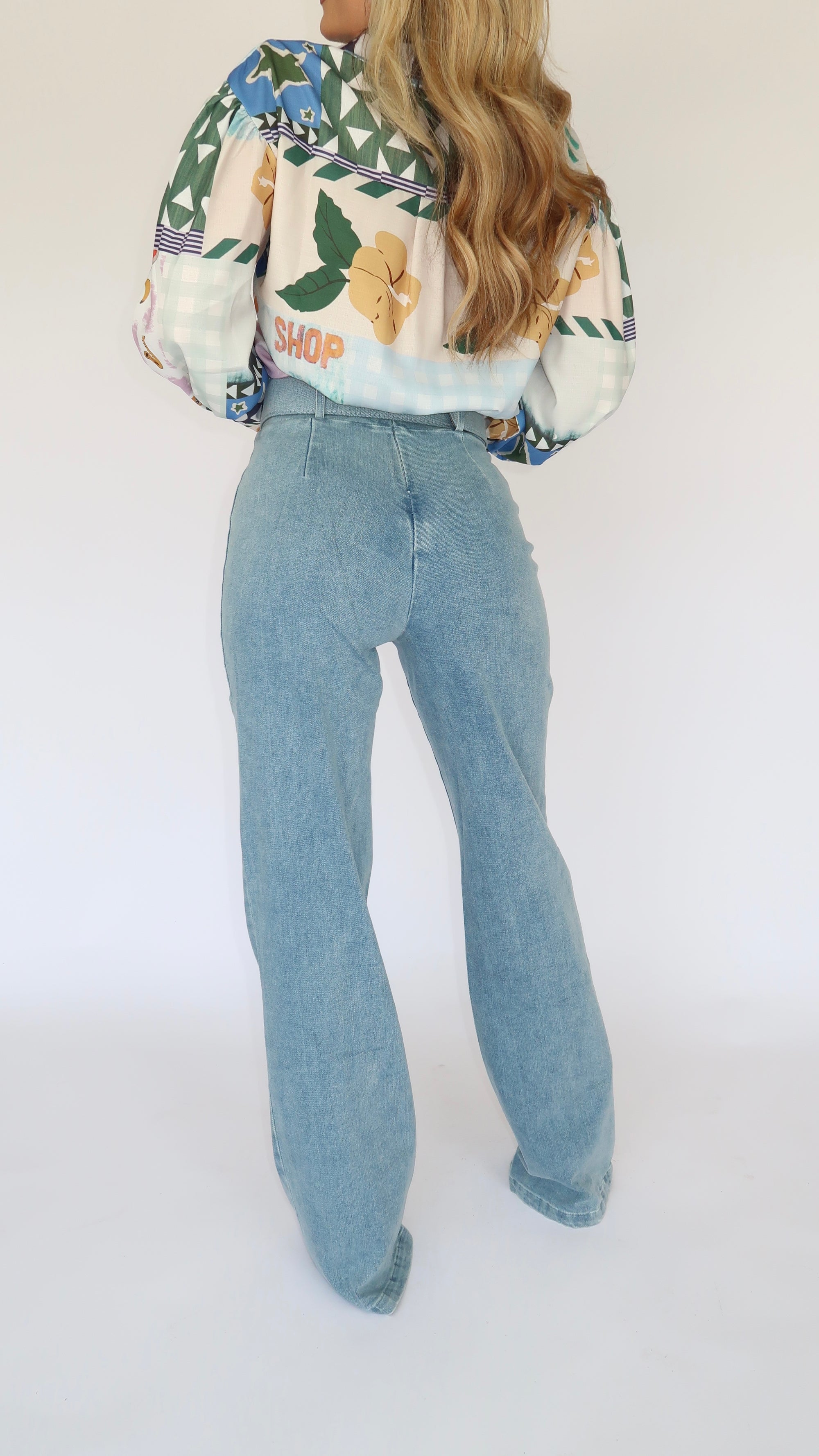 HIGH WAIST BELTED DENIM STRETCH PANTS