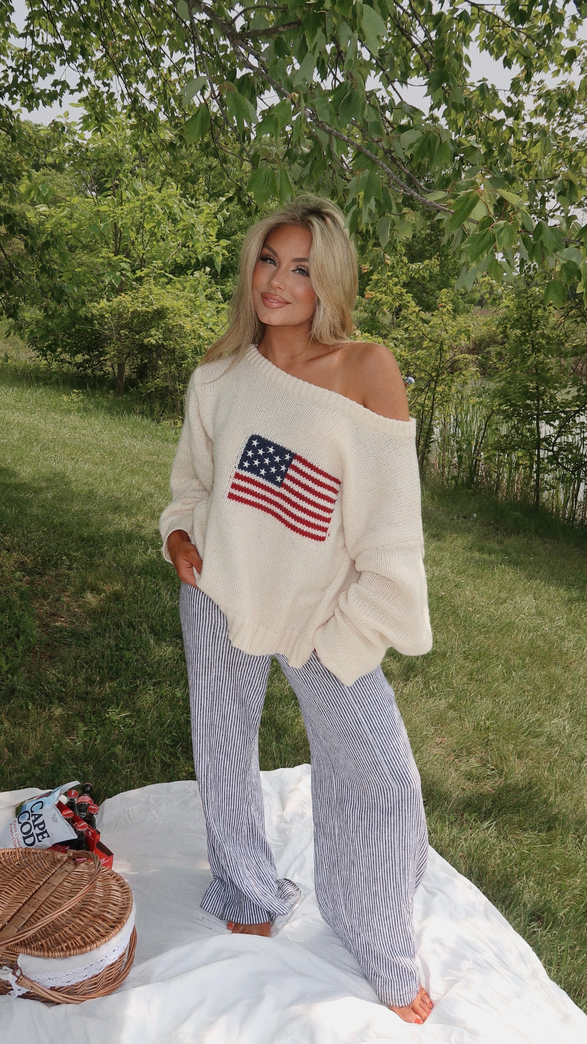 AMERICAN GIRL OFF THE SHOULDER KNIT SWEATER