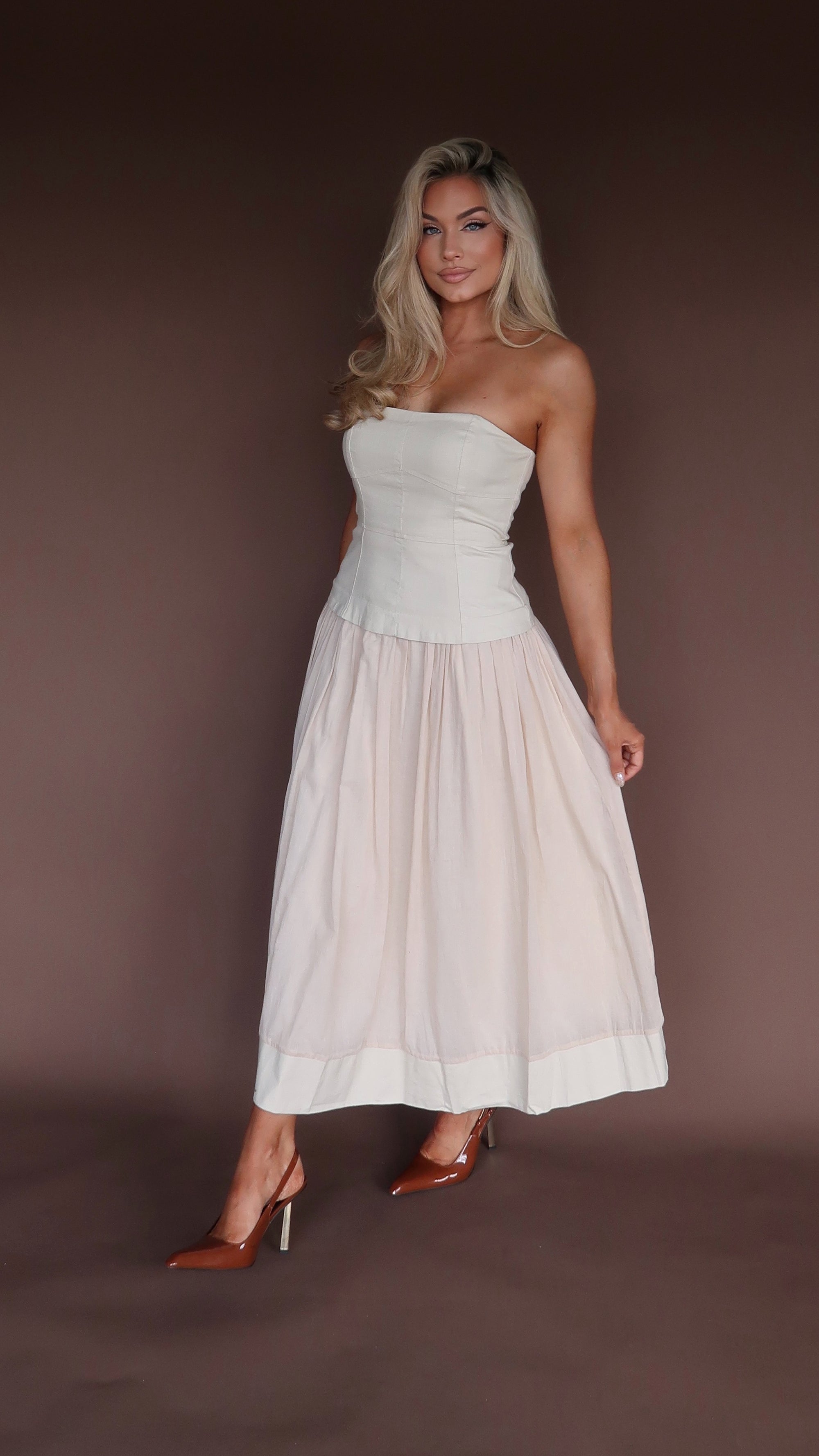ELARA STRAPLESS MIDI DRESS ECRU