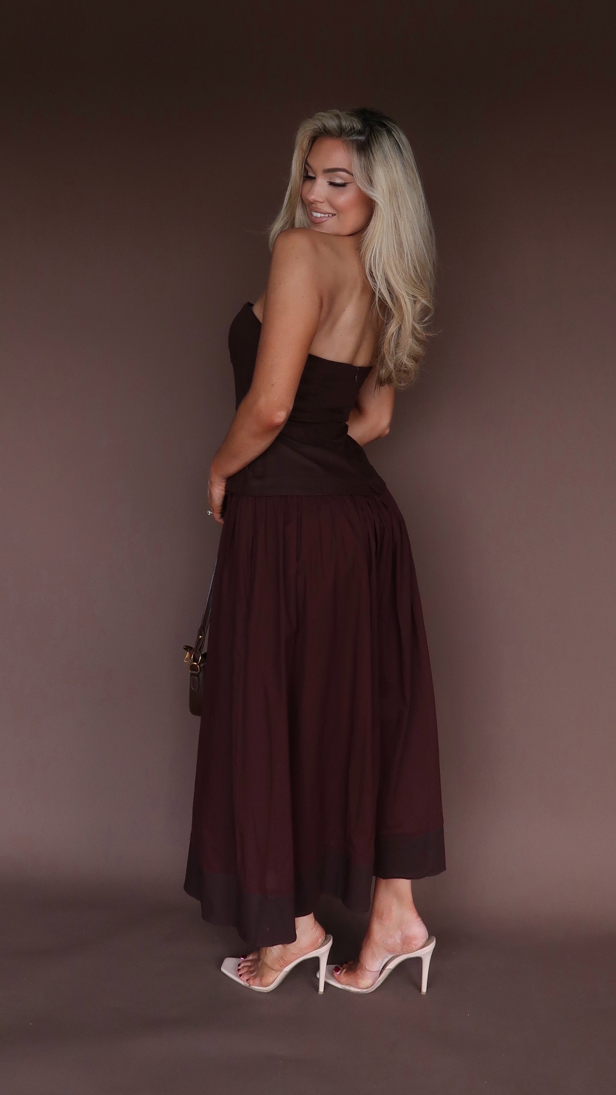 ELARA STRAPLESS MIDI DRESS CHOCOLATE