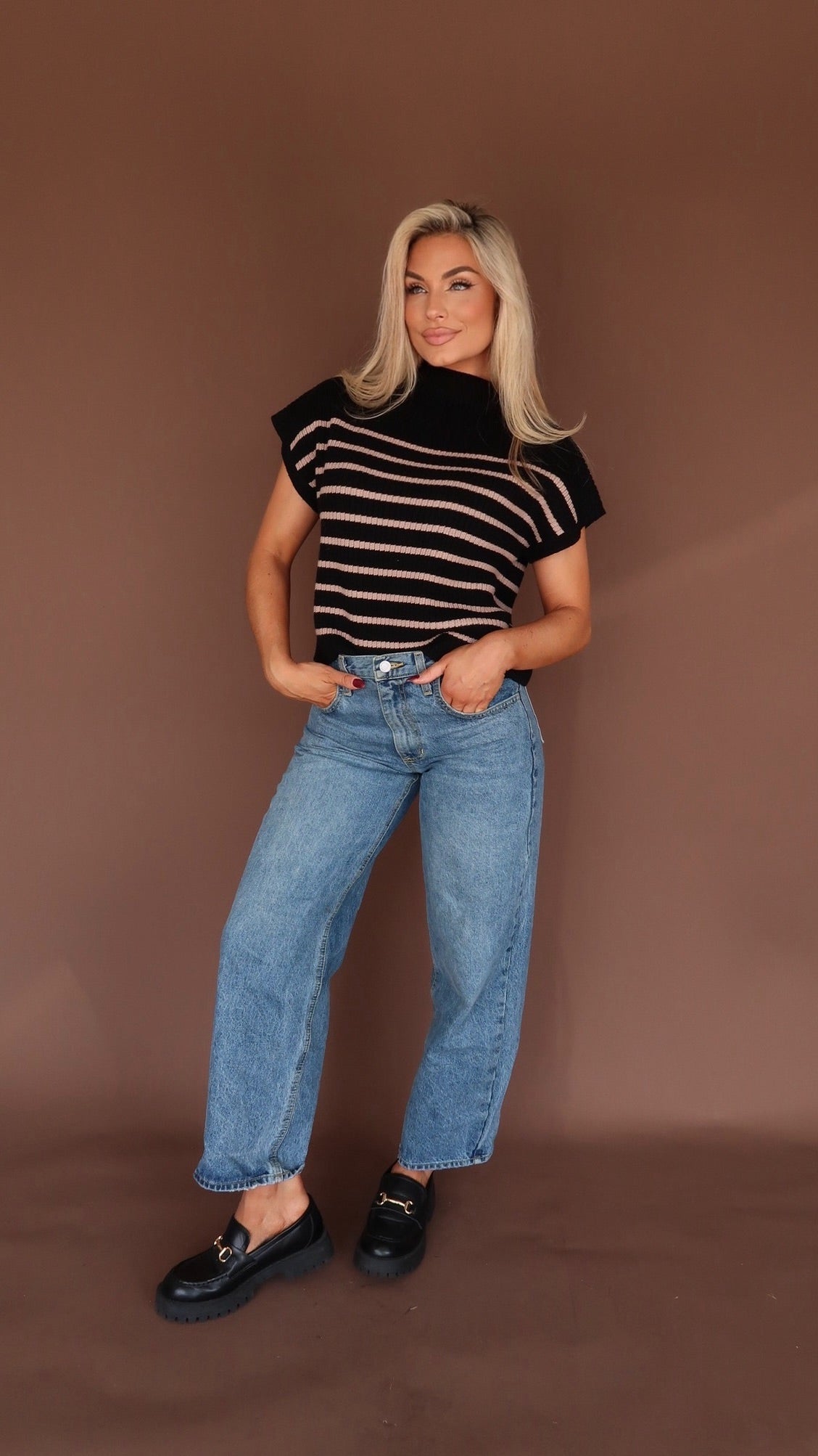 BELLIE STRIPED MOCK NECK SWEATER TOP BLACK