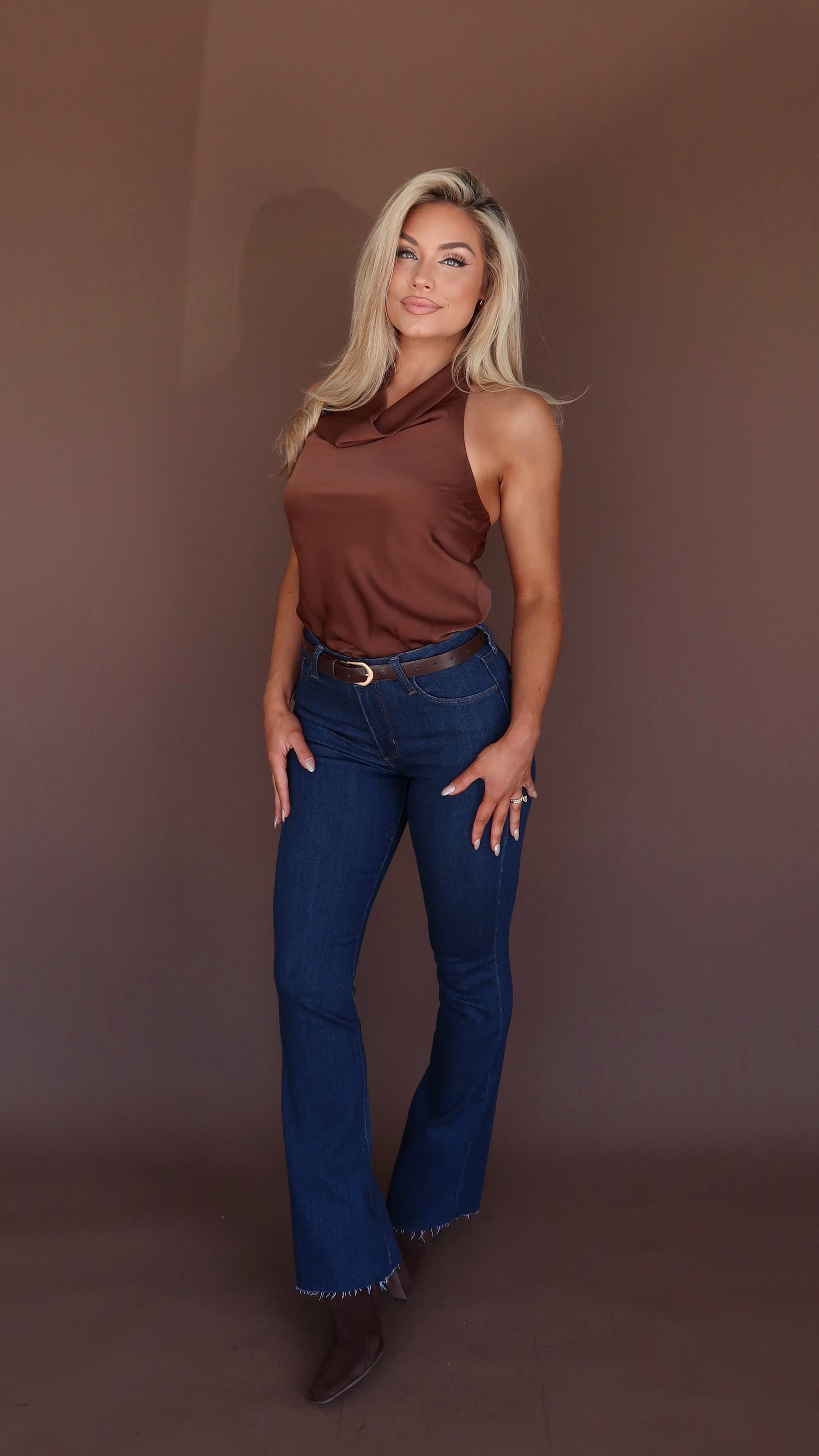 MARON SILK HALTER TOP BROWN