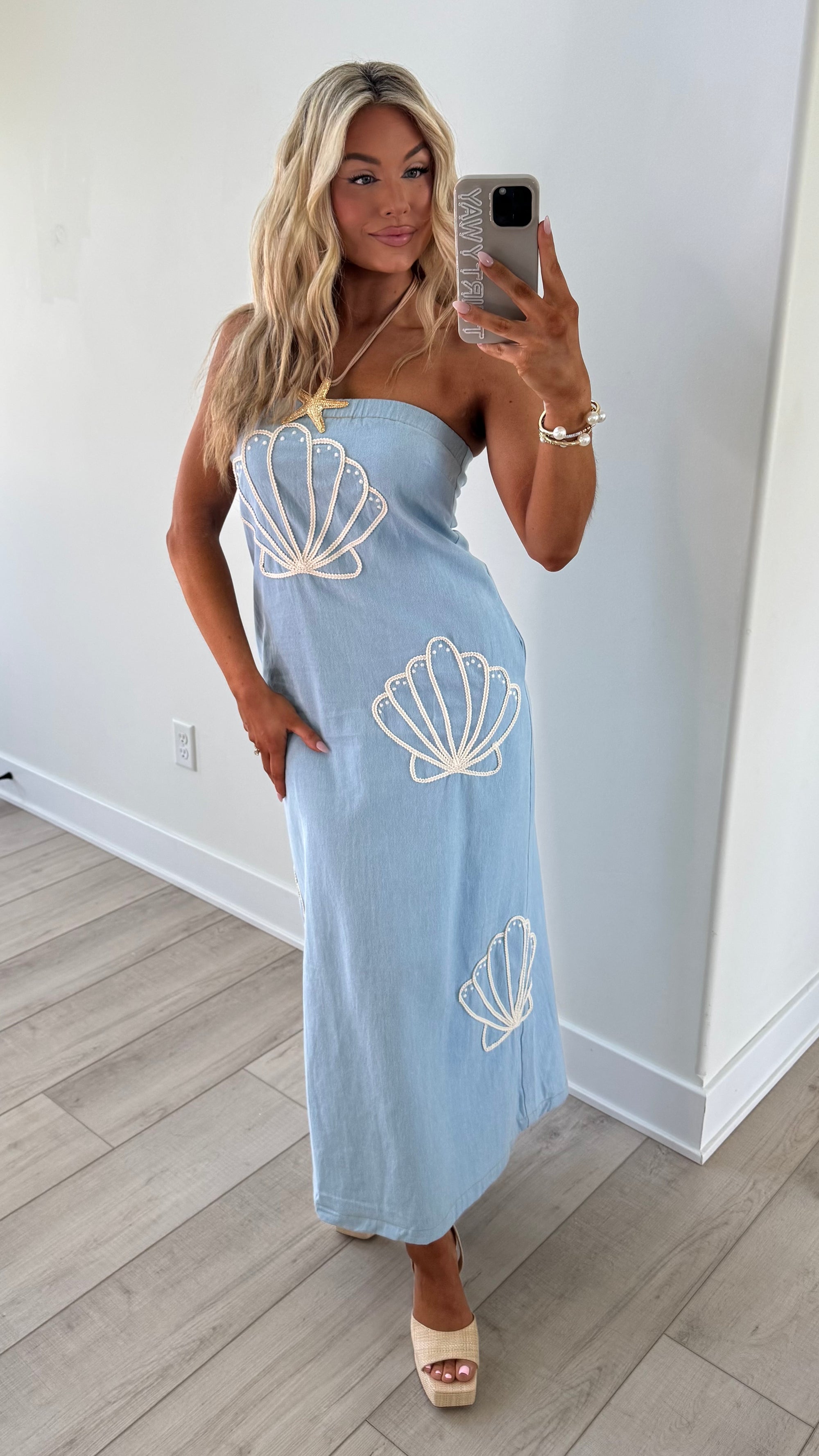 WATERSOUND SHELL EMBROIDERED DENIM MAXI DRESS